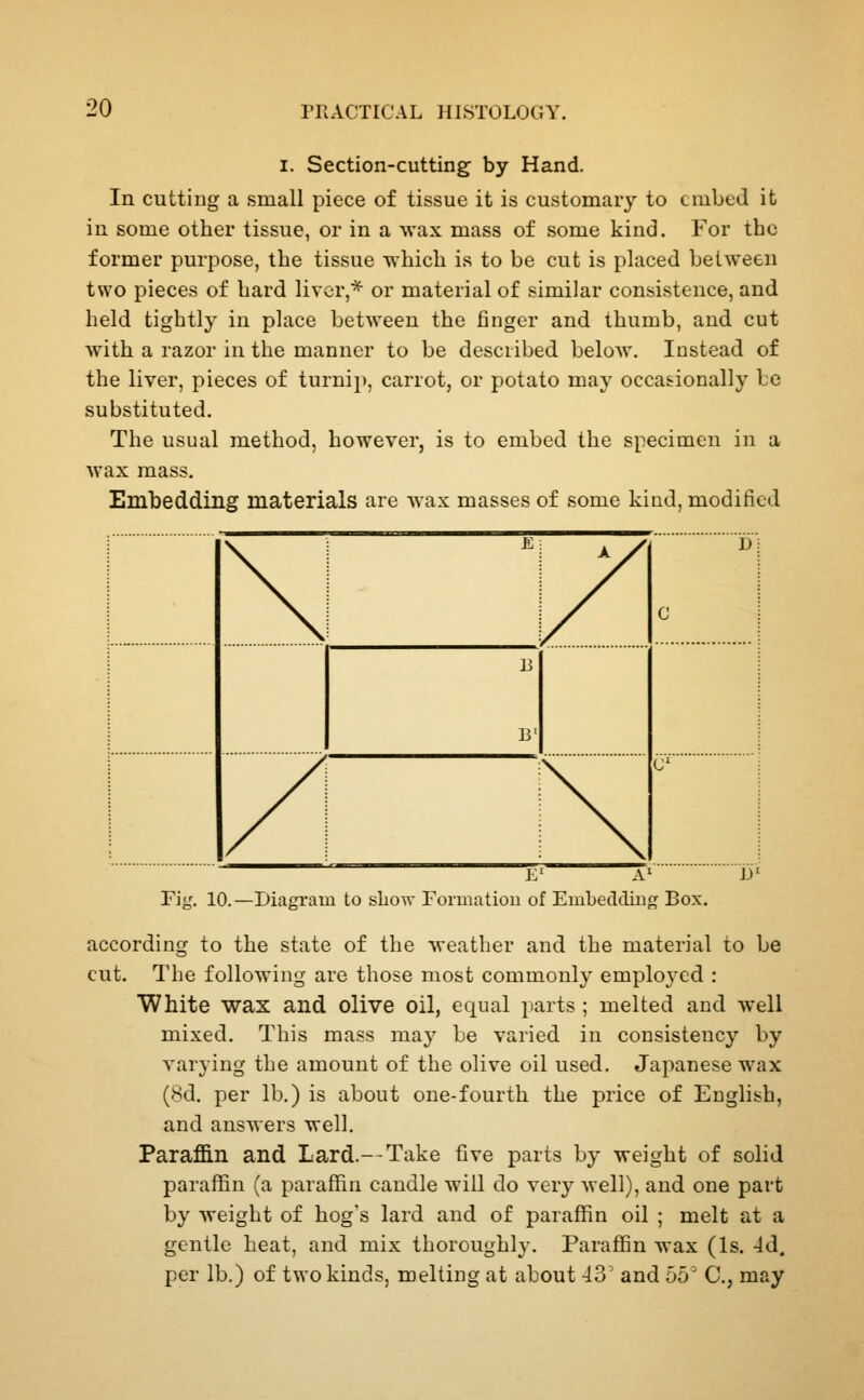 I. Section-cutting by Hand. In cutting a small piece of tissue it is customary to embed it in some other tissue, or in a wax mass of some kind. For the former purpose, the tissue which is to be cut is placed between two pieces of hard liver,* or material of similar consistence, and held tightly in place between the finger and thumb, and cut with a razor in the manner to be described below. Instead of the liver, pieces of turnij), carrot, or potato may occasionally be substituted. The usual method, however, is to embed the specimen in a wax mass. Embedding materials are wax masses of some kind, modified \ E A / / C i)| B B' A N C j: A D^ Fig. 10.—Diagram to show Fonnatioii of Embeclcliiig Box. according to the state of the weather and the material to be cut. The following are those most commonly employed : White wax and olive oil, equal parts; melted and well mixed. This mass may be varied in consistency by varying the amount of the olive oil used. Japanese wax (8d. per lb.) is about one-fourth the price of English, and answers well. Paraf&n and Lard.--Take five parts by weight of solid paraffin (a paraffin candle will do very well), and one part by weight of hog's lard and of paraffin oil ; melt at a gentle heat, and mix thoroughh*. Paraffin wax (Is. 4d. per lb.) of two kinds, melting at about \o and 55' C, may
