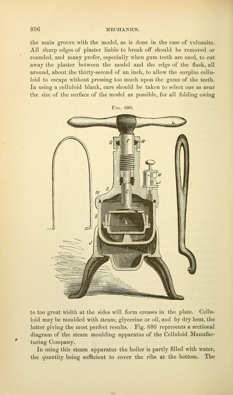 the main groove with the model, as is done in the case of vulcanite. All sharp edges of plaster liable to break off should be removed or rounded, and many prefer, especially when gum teeth are used, to cut away the plaster between the model and the edge of the flask, all around, about the thirty-second of an inch, to allow the surplus cellu- loid to escape without pressing too much upon the gums of the teeth. In using a celluloid blank, care should be taken to select one as near the size of the surface of the model as possible, for all folding owing Fig. 680. to too great width at the sides will form creases in the plate. Cellu- loid may be moulded with steam, glycerine or oil, and by dry heat, the latter giving the most perfect results. Fig. 680 represents a sectional diagram of the steam moulding apparatus of the Celluloid Manufac- turing Company. In using this steam apparatus the boiler is partly filled with water, the quantity being sufficient to cover the ribs at the bottom.. The