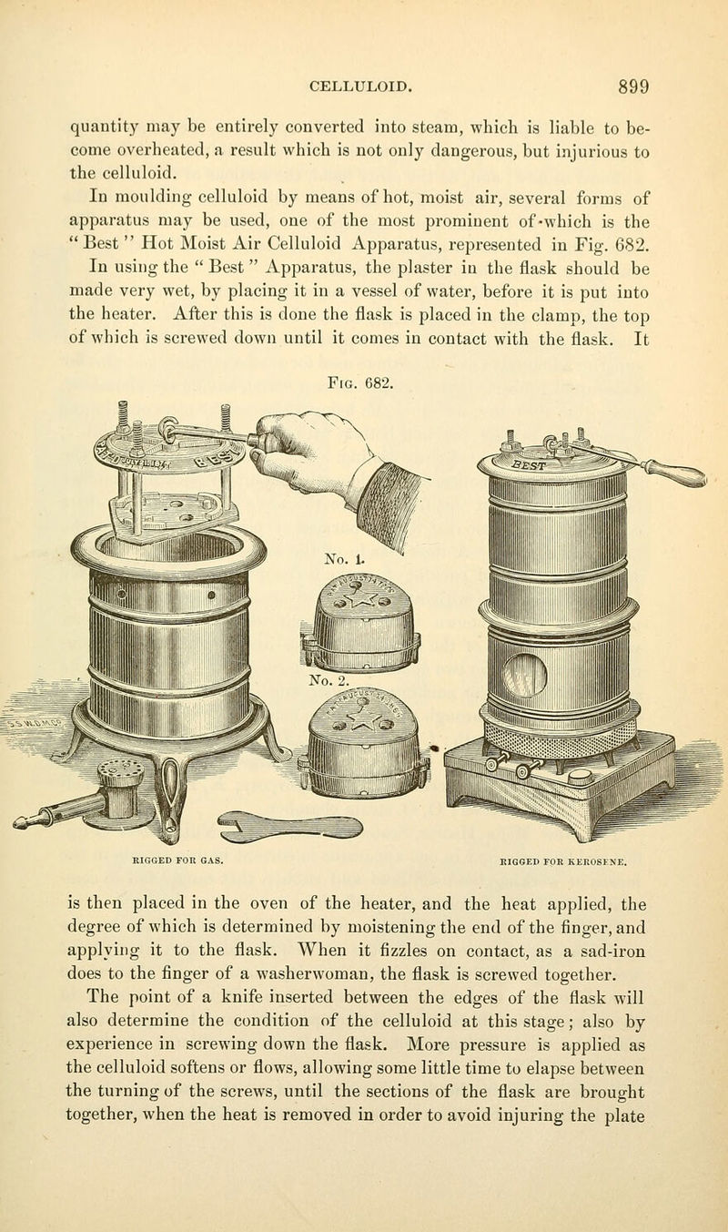 quantity may be entirely converted into steam, which is liable to be- come overheated, a result which is not only dangerous, but injurious to the celluloid. In moulding celluloid by means of hot, moist air, several forms of apparatus may be used, one of the most prominent of-which is the Best  Hot Moist Air Celluloid Apparatus, represented in Fig. 682. In using the  Best  Apparatus, the plaster iu the flask should be made very wet, by placing it in a vessel of water, before it is put into the heater. After this is done the flask is placed in the clamp, the top of which is screwed down until it comes in contact with the flask. It Fig. 682. RIGGED FOR GAS. RIGGED FOR KEROSKNE. is then placed in the oven of the heater, and the heat applied, the degree of which is determined by moistening the end of the finger, and applying it to the flask. When it fizzles on contact, as a sad-iron does to the finger of a washerwoman, the flask is screwed together. The point of a knife inserted between the edges of the flask will also determine the condition of the celluloid at this stage; also by experience in screwing down the flask. More pressure is applied as the celluloid softens or flows, allowing some little time to elapse between the turning of the screws, until the sections of the flask are brought together, when the heat is removed in order to avoid injuring the plate