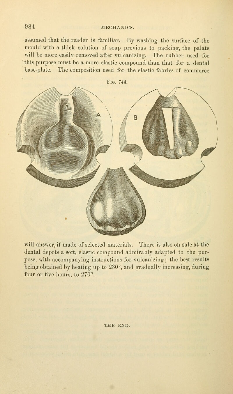 assumed that the reader is familiar. By washing the surface of the mould with a thick solution of soap previous to packing, the palate will be more easily removed after vulcanizing. The rubber used for this purpose must be a more elastic compound than that for a dental base-plate. The composition used for the elastic fabrics of commerce Fig. 744. will answer, if made of selected materials. There is also on sale at the dental depots a soft, elastic compound admirably adapted to the pur- pose, with accompanying instructions for vulcanizing; the best results being obtained by heating up to 230^, and gradually increasing, during four or five hours, to 270°. THE END.