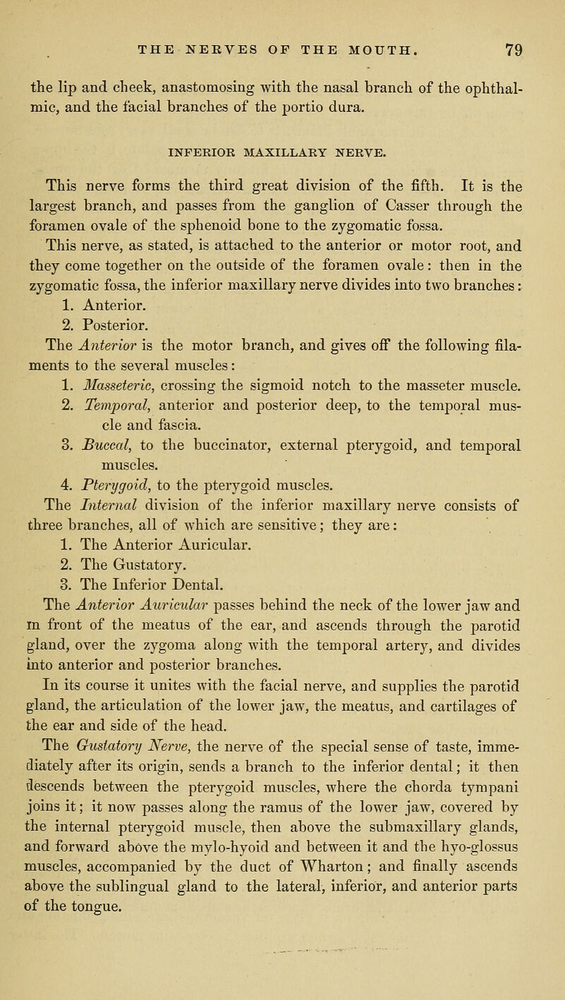 the lip and cheek, anastomosing with the nasal branch of the ophthal- mic, and the facial branches of the portio dura. INFERIOR MAXILLARY NERVE. This nerve forms the third great division of the fifth. It is the largest branch, and passes from the ganglion of Casser through the foramen ovale of the sphenoid bone to the zygomatic fossa. This nerve, as stated, is attached to the anterior or motor root, and they come together on the outside of the foramen ovale : then in the zygomatic fossa, the inferior maxillary nerve divides into two branches: 1. Anterior. 2. Posterior. The Anterior is the motor branch, and gives off the following fila- ments to the several muscles: 1. Masseteric, crossing the sigmoid notch to the masseter muscle. 2. Temporal, anterior and posterior deep, to the temporal mus- cle and fascia. 3. Buccal, to the buccinator, external pterygoid, and temporal muscles. 4. Pterygoid, to the pterygoid muscles. The Internal division of the inferior maxillary nerve consists of three branches, all of which are sensitive; they are: 1. The Anterior Auricular. 2. The Gustatory. 3. The Inferior Dental. The Anterior Auricular passes behind the neck of the lower jaw and m front of the meatus of the ear, and ascends through the parotid gland, over the zygoma along with the temporal artery, and divides into anterior and posterior branches. In its course it unites with the facial nerve, and supplies the parotid gland, the articulation of the lower jaw, the meatus, and cartilages of the ear and side of the head. The Gustatory Nerve, the nerve of the special sense of taste, imme- diately after its origin, sends a branch to the inferior dental; it then descends between the pterygoid muscles, where the chorda tympani joins it; it now passes along the ramus of the lower jaw, covered by the internal pterygoid muscle, then above the submaxillary glands, and forward above the mylo-hyoid and between it and the hyo-glossus muscles, accompanied by the duct of Wharton; and finally ascends above the sublingual gland to the lateral, inferior, and anterior parts of the tongue.