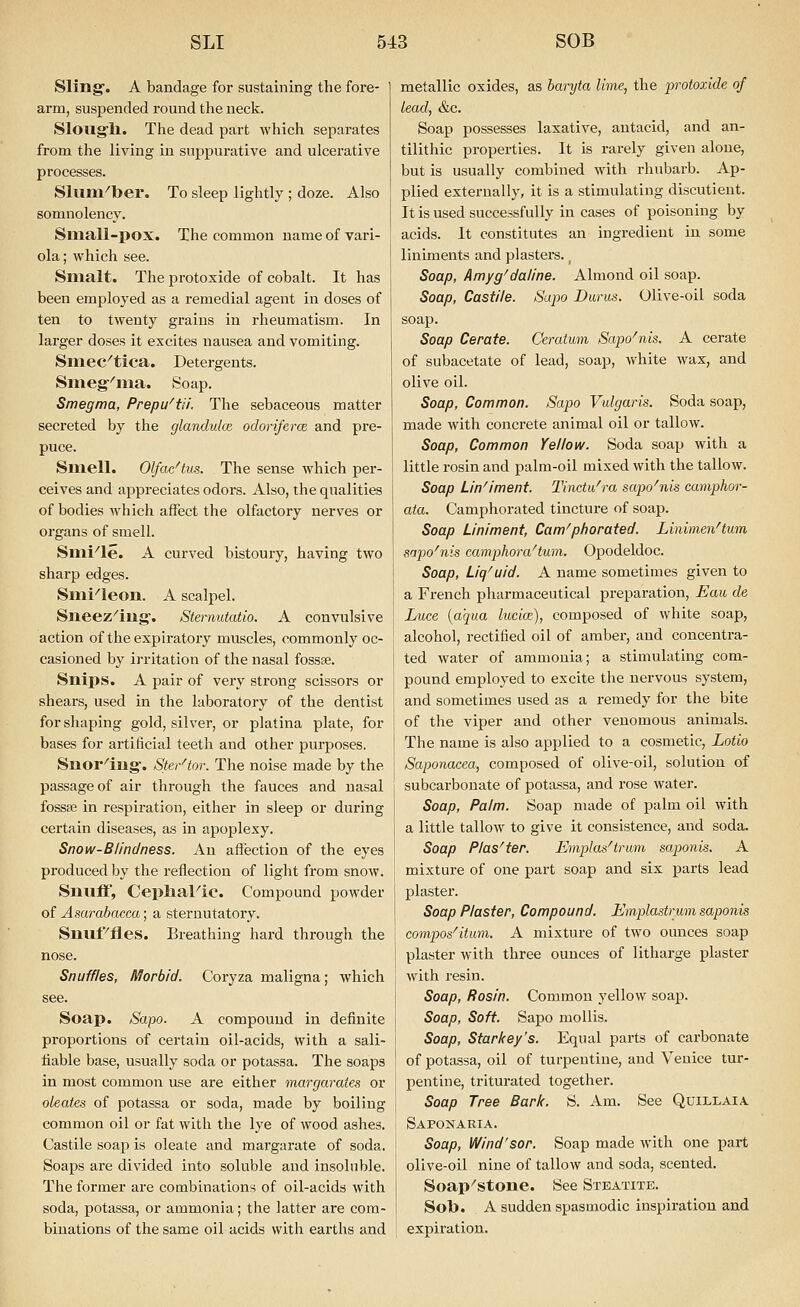 Sling. A bandage for sustaining the fore- arm, suspended round the neck. Sloug'li. The dead part Avhich separates from the living in suppurative and ulcerative processes. Sluni^ber. To sleep lightly ; doze. Also somnolency. Small-pox. The common name of vari- ola ; which see. Smalt. The protoxide of cobalt. It has been employed as a remedial agent in doses of ten to twenty grains in rheumatism. In larger doses it excites nausea and vomiting. Smec'tica. Detergents. Smeg''ma. Soap. Smegma, Prepu^tli. The sebaceous matter secreted by the glandulce odoriferce and pre- puce. Smell. Olfac^tus. The sense which per- ceives and appreciates odors. Also, the qualities of bodies Avhich affect the olfactory nerves or organs of smell. Smi^le. A curved bistoury, having two sharp edges. Smi''leon. A scalpel. Siieez''iug'. Stemutatio. A convulsive action of the expiratory muscles, commonly oc- casioned by irritation of the nasal fossae. Snips. A pair of very strong scissors or shears, used in the laboratory of the dentist for shaping gold, silver, or platina plate, for bases for artificial teeth and other purposes. Snorting-. Ster^tor. The noise made by the passage of air through the fauces and nasal fossa; in respiz'ation, either in sleep or during certain diseases, as in apoplexy. Snow-Blindness. An affection of the eyes produced by the reflection of light from snow. Snuff, CepliaFic. Compound powder of Asarabacca; a sternutatory. Snuf''fles. Breathing hard through the nose. Snuffles, Morbid. Coryza maligna; which see. Soap. Sapo. A compound in definite proportions of certain oil-acids, with a sali- fiable base, usually soda or potassa. The soaps in most common use are either margarates or oleates of potassa or soda, made by boiling common oil or fat with the lye of wood ashes. Castile soap is oleate and margarate of soda. Soaps are divided into soluble and insoluble. The former are combinations of oil-acids with soda, potassa, or ammonia; the latter are com- binations of the same oil acids with earths and metallic oxides, as baryta lime, the protoxide of lead, &c. Soap possesses laxative, antacid, and an- tilithic properties. It is rarely given alone, but is usually combined with rhubarb. Ap- plied externally, it is a stimulating discutient. It is used successfully in cases of poisoning by acids. It constitutes an ingredient iu some liniments and plastei-s., Soap, Amyg'daline. Almond oil soap. Soap, Castile. Sapo Darus. Olive-oil soda soap. Soap Cerate. Ceratmn Sapo^nis. A cerate of subacetate of lead, soap, white wax, and olive oil. Soap, Common. Sapo Vulgaris. Soda soap, made with concrete animal oil or tallow. Soap, Common Yellow. Soda soap with a little rosin and palm-oil mixed with the tallow. Soap Lin^iment. Tinctu'ra sapo'nis camphor- aia. Camphorated tincture of soap. Soap Liniment, Cam^phorated. Linimen'tum sapo'nis camphora^turn. Opodeldoc. Soap, Liq'uid. A name sometimes given to a French pharmaceutical preparation, Eau de Luce {aqua lucice), composed of white soap, alcohol, rectified oil of amber, and concentra- ted water of ammonia; a stimulating com- pound employed to excite the nervous system, and sometimes used as a remedy for the bite of the viper and other venomous animals. The name is also applied to a cosmetic, Lotio Saponacea, composed of olive-oil, solution of subcarbonate of potassa, and rose water. Soap, Palm. Soap made of palm oil with a little tallow to give it consistence, and soda. Soap Plas^ter. Emplas^irum saponis. A mixture of one part soap and six parts lead pla.ster. Soap Plaster, Compound. Emplastrwn saponis compos^itmn. A mixture of two oimces soap plaster with three ounces of litharge plaster with resin. Soap, Rosin. Common yellow soap. Soap, Soft. Sapo mollis. Soap, Star key's. Equal parts of carbonate of potassa, oil of turpentine, and Venice tur- pentine, triturated together. Soap Tree Bark. S. Am. See Quillai a. Saponaria. Soap, Wind'sor. Soap made with one part olive-oil nine of tallow and soda, scented. Soap-stone. See Steatite. Sob. A sudden spasmodic inspiration and expiration.