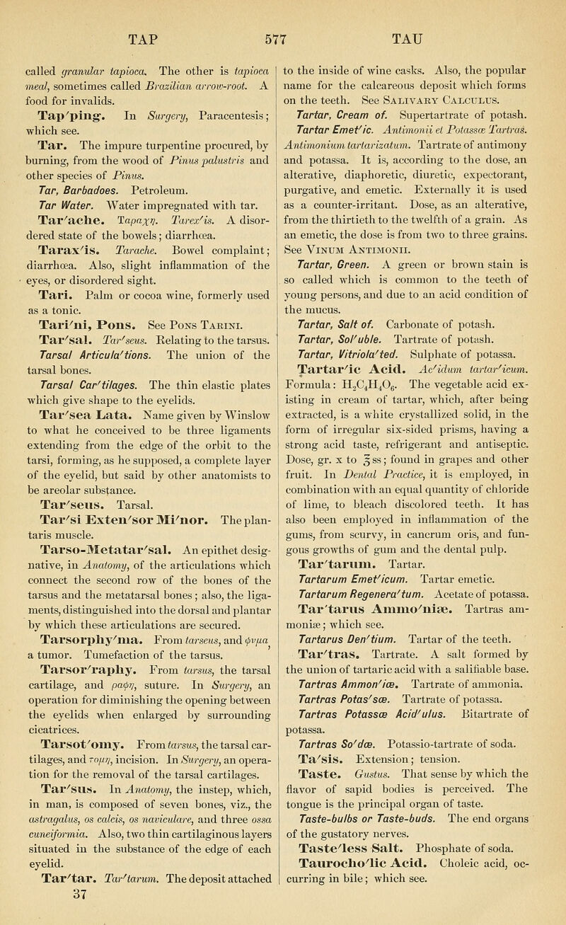 called granular tapioca. The othei* is tapioca meal, sometimes called Brazilian arrow-root. A food for invalids. Tap'ping. In Surgery, Paracentesis; which see. Tar. The impure turpentine procured, by burning, from the wood of Piniis pakistris and other species of Finns. Tar, Barbadoes. Petroleum. Tar Water. Water impregnated with tar. Tar'ache. Tapaxn. Tarex^is. A disor- dered state of the bowels; diarrhoea. Tarax'is. Tarache. Bowel complaint; diarrhoea. Also, slight inflammation of the eyes, or disordered sight. Tari. Palm or cocoa wine, formerly used as a tonic. Tari'ni, Pons. See Pons Taeini. Tar'sal. Tar''sens. Kelating to the tarsus. Tarsal Articula^tions. The union of the tarsal bones. Tarsal Car^tilages. The thin elastic plates which give shape to the eyelids. Tar'sea Lata. Name given by Winslow to what he conceived to be three ligaments extending from the edge of the orbit to the tarsi, forming, as he supposed, a complete layer of the eyelid, but said by other anatomists to be areolar substance. Tar'sevis. Tarsal. Tar'si Exten'sor Ml'nor. The plan- taris muscle. Tarso-Metatar'sal. An epithet desig- native, in Anatomy, of the articulations which connect the second row of the bones of the tarsus and the metatarsal bones; also, the liga- ments, distinguished into the dorsal and plantar by which these articulations are secured. Tarsorpliy'nia. From tarseus, and fv/na a tumor. Tumefaction of the tai-sus. Tarsor'rapliy. From tarsus, the tarsal cartilage, and pa<l>r;, suture. In Surgery, an operation for diminishing the opening between the eyelids when enlarged by surrounding cicatrices. Tarsot'omy. From tarsus, the tarsal car- tilages, and TOftr], incision. In Surgery, an opera- tion for the removal of the tai-sal cartilages. Tar'sus. In Anatomy, the instep, which, in man, is composed of seven bones, viz., the astragalus, os calcis, os naviculare, and three ossa cuneiformia. Also, two thin cartilaginous layers situated in the substance of the edge of each eyelid. Tar'tar. TarHarum. The deposit attached 37 to the inside of wine casks. Also, the popular name for the calcareoas deposit which forms on the teeth. See Salivary Calculus. Tartar, Cream of. Supertartrate of potash. Tartar Emet'ic. Antimonii el Potassce Tartras. Antimonium tartarizatum. Tartrate of antimony and potassa. It is, according to the dose, an alterative, diaphoretic, diuretic, expectorant, purgative, and emetic. Externally it is used as a counter-irritant. Dose, as an alterative, from the thirtieth to the twelfth of a grain. As an emetic, the dose is from two to three grains. See ViNUM Antimonii. Tartar, Green. A green or brown stain is so called which is common to the teeth of young persons, and due to an acid condition of the mucus. Tartar, Salt of. Carbonate of potash. Tartar, Solvable. Tartrate of potash. Tartar, Vitriola^ted. Sulphate of potassa. Tartar'ic Acid. Ac'idum tartar^ieum. Formula: H2C4H4O6. The vegetable acid ex- isting in cream of tartar, which, after being extracted, is a white crystallized solid, in the form of irregular six-sided prisms, having a strong acid taste, refrigerant and antiseptic. Dose, gr. x to § ss; found in grapes and other fruit. In Dental Practice, it is employed, in combination with an equal quantity of chloride of lime, to bleach discolored teeth. It has also been employed in inflammation of the gums, from scurvy, in cancrum oris, and fun- gous growths of gum and the dental pulp. Tar'taruni. Tartar. Tartarum Emeficum. Tartar emetic. Tartarum Regenera^tum. Acetate of potassa. Tar'tarus Aninio'nise. Tartras am- monise; which see. Tartarus Den'tium. Tartar of the teeth. Tar'tras. Tartrate. A salt formed by the union of tartaric acid with a salifiable base. Tartras Ammon^ice. Tartrate of ammonia. Tartras Potas^sce. Tartrate of potassa. Tartras Potassce Acid^ulus. Bitartrate of potassa. Tartras So'dee. Potassio-tartrate of soda. Ta'sis. Extension; tension. Taste. Qustus. That sense by which the flavor of sapid bodies is perceived. The tongue is the principal organ of taste. Taste-bulbs or Taste-buds. The end organs of the gustatory nerves. Taste'less Salt. Phosphate of soda. Tauroclio'lic Acid. Choleic acid, oc- curring in bile; which see.