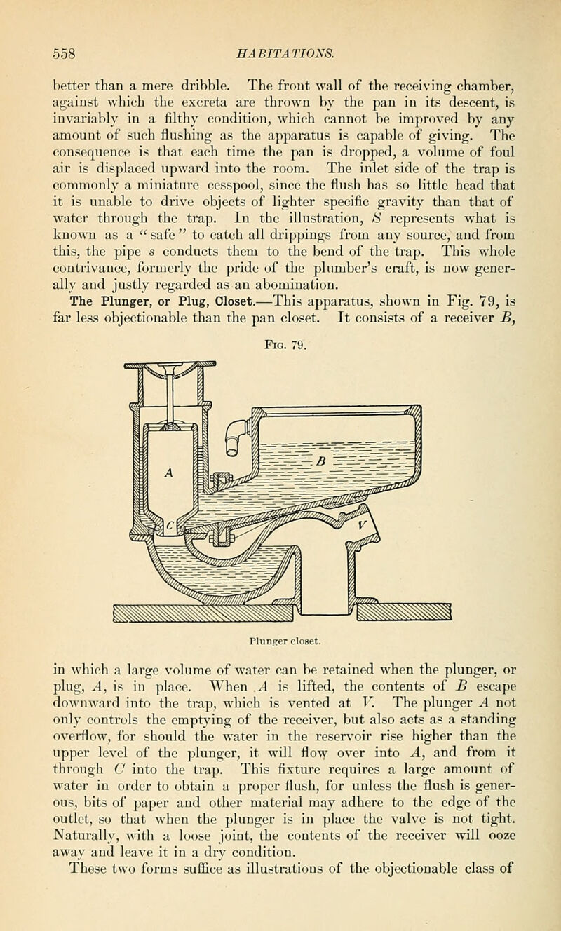 better than a mere dribble. The front wall of the receiving chamber, against which the excreta are thrown by the pan in its descent, is invariably in a filthy condition, which cannot be improved by any amount of such flushing as the apparatus is capable of giving. The consequence is that each time the pan is dropped, a volume of foul air is displaced upward into the room. The inlet side of the trap is commonly a miniature cesspool, since the flush has so little head that it is unable to di'ive objects of lighter specific gravity than that of water through the trap. In the illustration, S represents what is known as a  safe  to catch all di'ippings from any source, and from this, the pipe s conducts them to the bend of the trap. This whole contrivance, formerly the pride of the plumber's craft, is now gener- ally and justly regarded as an abomination. The Plunger, or Plug, Closet.—This apparatus, shown in Fig. 79, is far less objectionable than the pan closet. It consists of a receiver B, Fig. 79. in which a large volume of water can be retained when the plunger, or plug, A, is in place. When A is lifted, the contents of B escape downward into the trap, which is vented at T. The plunger A not only controls the emptying of the receiver, but also acts as a standing overflow, for should the water in the reservoir rise higher than the upper level of the plunger, it will flo\y over into A, and from it through C into the trap. This fixture requires a large amount of water in order to obtain a proper flush, for unless the flush is gener- ous, bits of paper and other material may adhere to the edge of the outlet, so that when the plunger is in place the valve is not tight. Naturally, with a loose joint, the contents of the receiver will ooze away and leave it in a dry condition. These two forms suffice as illustrations of the objectionable class of