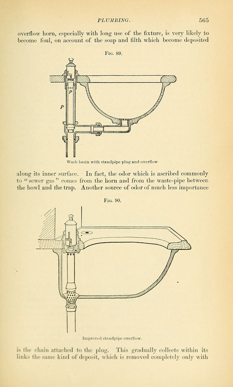 overflow horn, especially with long use of the fixture, is very likely to become foul, on account of the soap and filth which become deposited Fig. 89. Wash basin with standpipe plug and overflow along its inn-er surface. In fact, the odor which is ascribed commonly to  sewer gas  comes from the horn and from the waste-pipe between the bowl and the trap. Another source of odor of much less importance InijirovtMl HtHiiMi»ifM; overflow. Ih tlic chain attached to the |)lng. TliLs gradually colhtcts within its links the .same kind of de|K>sit, wiiicli i.s removed coni))letely only with