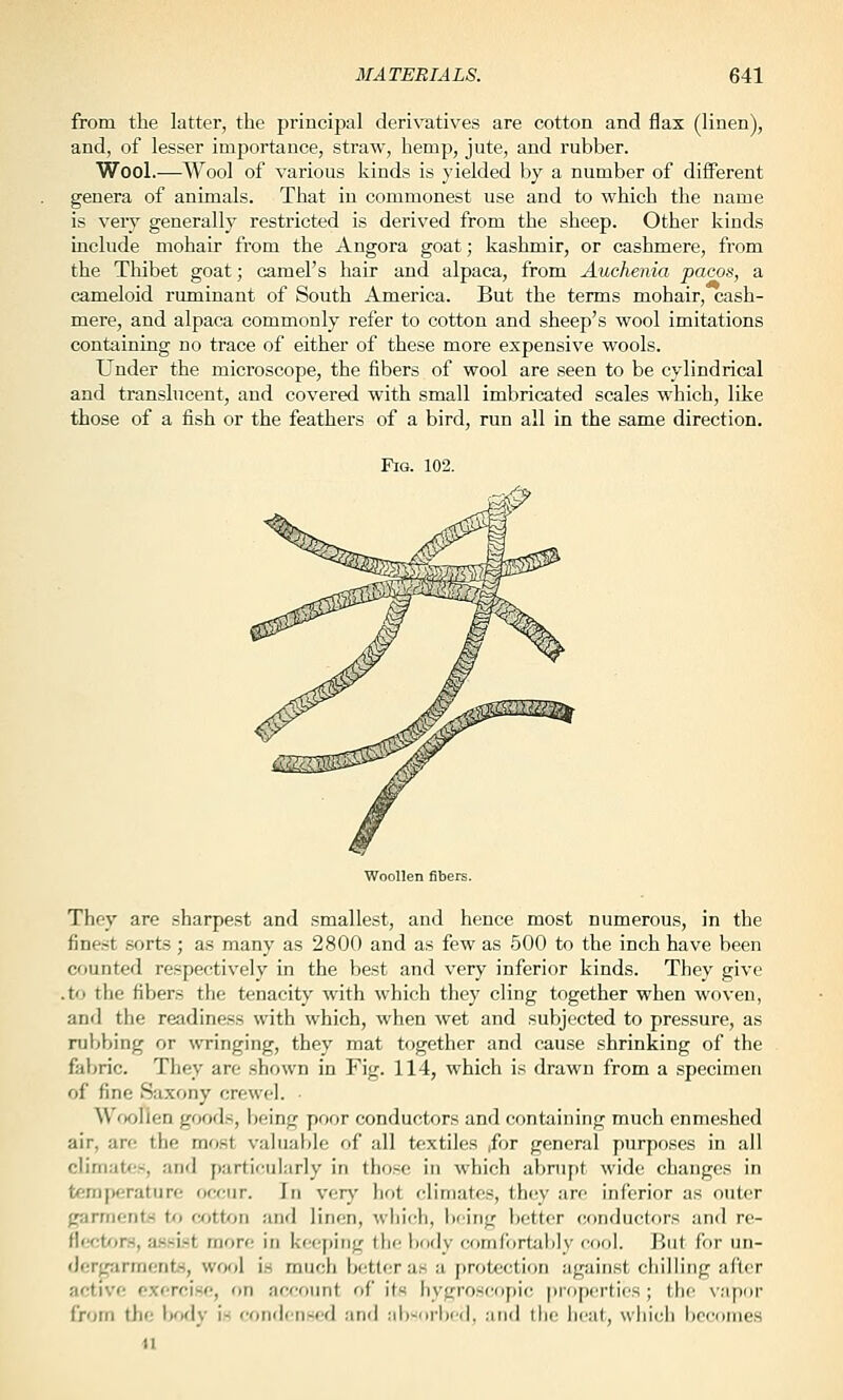 from the latter, the principal deri«itives are cotton and flax (linen), and, of lesser importance, straw, hemp, jute, and rubber. Wool.—Wool of various kinds is yielded by a number of different genera of animals. That in commonest use and to which the name is very generally restricted is derived from the sheep. Other kinds include mohair from the Angora goat; kashmir, or cashmere, from the Thibet goat; camel's hair and alpaca, from Auchenia pacos, a cameloid rum.inant of South America. But the terms mohair, cash- mere, and alpaca commonly refer to cotton and sheep's wool imitations containing no trace of either of these more expensive wools. Under the microscope, the fibers of wool are seen to be cylindrical and translucent, and covered with small imbricated scales which, like those of a fish or the feathers of a bird, run all in the same direction. Fig. 102. Woollen fibers. They are sharpest and smallest, and hence most numerous, in the fine.st .sorts; as many as 2800 and as few as 500 to the inch have been counted respectively in the best and very inferior kinds. They give .to the fibers the tenacity with which they cling together when woven, and the readiness with which, when wet and subjected to pressure, as rubbing or wringing, they mat together and cause shrinking of the fabric. They are shown in Fig. 114, which is drawn from a specimen of fine Saxony crewel. • WfKjJien goods, being poor conductors and containing much enmeshed air, are the most valuable of all textiles ,for general purposes in all climates, and particularly in those in which abrupt wide changes in temperature occur. In verj' liot climates, they arc inferior as outer garments t/i cotton and linen, wliich, licing better conductors and re- ttiT.tr>r», a.ssist more in keeping the body comfbrtalily cool. But for un- dergarments, wool is much better as a protection against cliilling after active exercise, on account of its hygroscopic properties ; the vapor from the IkkIv is condensed and ;ib-iii'l» d. ;iii(i llic lical, wliicli hocdmes