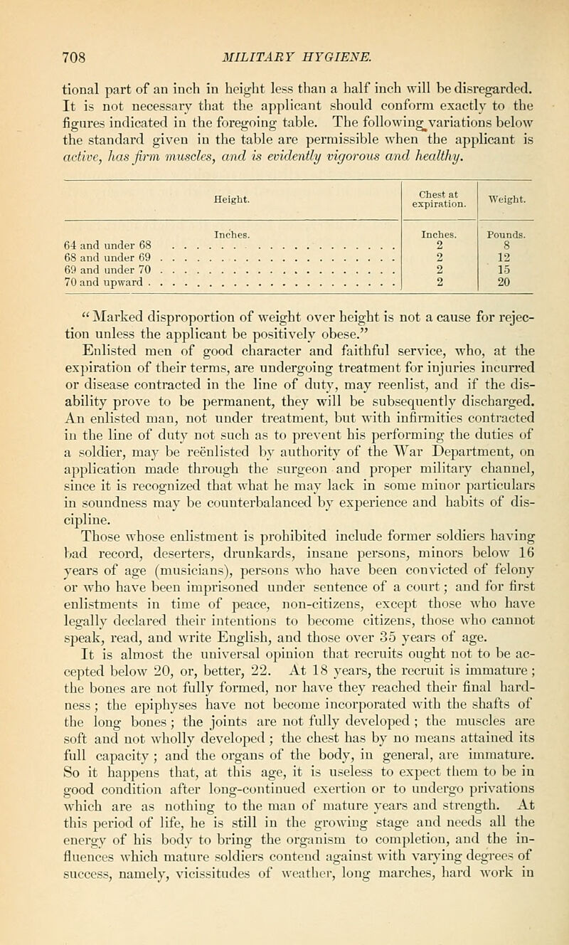 tional part of an inch in height less than a half inch will be disregarded. It is not necessary that the applicant should conform exactly to the figures indicated in the foregoing table. The following^variations below the standard given in the table are permissible when the applicant is active, has firm muscles, and is evidently vigorous and healthy. Height. Chest at expiration. Weight. Inches. 64 and under 68 68 and under 69 69 and under 70 70 and upward Marked disproportion of weight over height is not a cause for rejec- tion unless the applicant be positively obese. Enlisted men of good character and faithful service, who, at the expiration of their terms, are undergoing treatment for injuries incurred or disease contracted in the line of duty, may reenlist, and if the dis- ability prove to be permanent, they will be subsequently discharged. An enlisted man, not under treatment, but with infirmities contracted in the line of duty not such as to prevent his performing the duties of a soldier, may be reeulisted by authority of the War Department, on application made through the surgeon and proper military channel, since it is recognized that what he may lack in some minor particulars in soundness may be counterbalanced by experience and habits of dis- cipline. Those whose enlistment is prohibited include former soldiers having bad record, deserters, drunkards, insane persons, minors below 16 years of age (musicians), persons who have been convicted of felony or who have been imprisoned under sentence of a court; and for first enlistments in time of peace, non-citizens, excejjt those who have legally declared their intentions to become citizens, those who cannot speak, read, and write English, and those over 35 years of age. It is almost the universal opinion that recruits ought not to be ac- cepted below 20, or, better, 22. At 18 years, the recruit is immature; the bones are not fully formed, nor have they reached their final hard- ness ; the epiphyses have not become incorporated with the shafts of the long bones; the joints are not fully developed ; the muscles are soft and not wholly developed; the chest has by no means attained its full capacity ; and the organs of the body, in general, are immature. So it happens that, at this age, it is useless to expect them to be in good condition after long-continued exertion or to undergo privations which are as nothing to the man of mature years and strength. At this period of life, he is still in the growing stage and needs all the energy of his body to bring the organism to completion, and the in- fluences which mature soldiers contend against with varying degrees of success, namely, vicissitudes of weather, long marches, hard work in