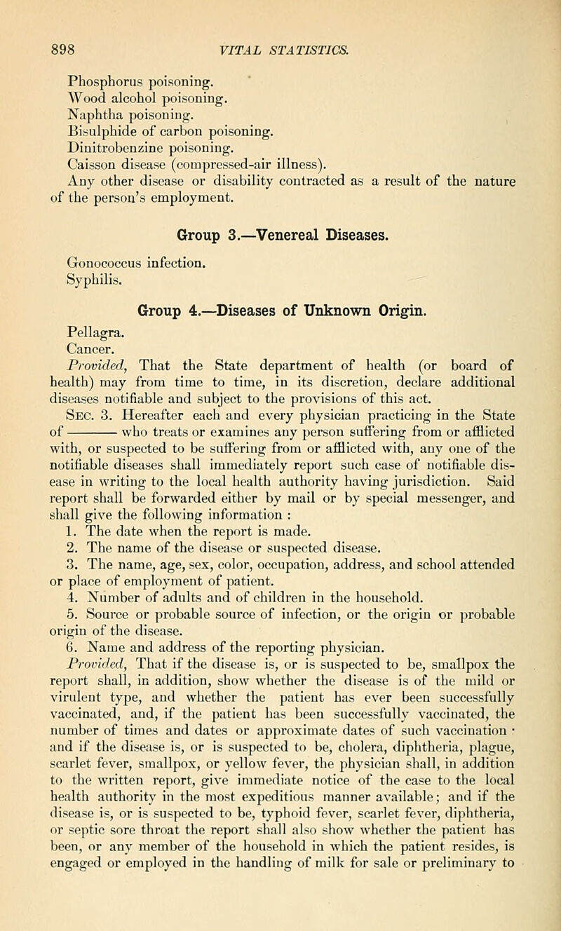 Phosphorus poisoning. Wood alcohol poisoning. Naphtha poisoning. Bisulphide of carbon poisoning. Dinitrobenzine poisoning. Caisson disease (compressed-air illness). Any other disease or disability contracted as a result of the nature of the person's employment. Group 3.—Venereal Diseases. Gonococcus infection. Syphilis. Group 4.—^Diseases of Unknown Origin. Pellagra. Cancer. Provided, That the State department of health (or board of health) may from time to time, in its discretion, declare additional diseases notifiable and subject to the provisions of this act. Sec. 3. Hereafter each and every physician practicing in the State of who treats or examines any person suffering from or afflicted with, or suspected to be suffering from or afflicted with, any one of the notifiable diseases shall immediately report such case of notifiable dis- ease in writing to the local health authority having jurisdiction. Said report shall be forwarded either by mail or by special messenger, and shall give the following information : 1. The date when the report is made. 2. The name of the disease or suspected disease. 3. The name, age, sex, color, occupation, address, and school attended or place of employment of patient. 4. Number of adults and of children in the household. 5. Source or probable source of infection, or the origin or probable origin of the disease. 6. Name and address of the reporting physician. Provided, That if the disease is, or is suspected to be, smallpox the report shall, in addition, show whether the disease is of the mild or virulent type, and whether the patient has ever been successfully vaccinated, and, if the patient has been successfully vaccinated, the number of times and dates or approximate dates of such vaccination • and if the disease is, or is suspected to be, cholera, diphtheria, plague, scarlet fever, smallpox, or yellow fever, the physician shall, in addition to the written report, give immediate notice of the case to the local health authority in the most expeditious manner available; and if the disease is, or is suspected to be, typlioid fever, scarlet fever, diphtheria, or septic sore throat the report shall also show whether the patient has been, or any member of the household in which the patient resides, is engaged or employed in the handling of milk for sale or preliminary to