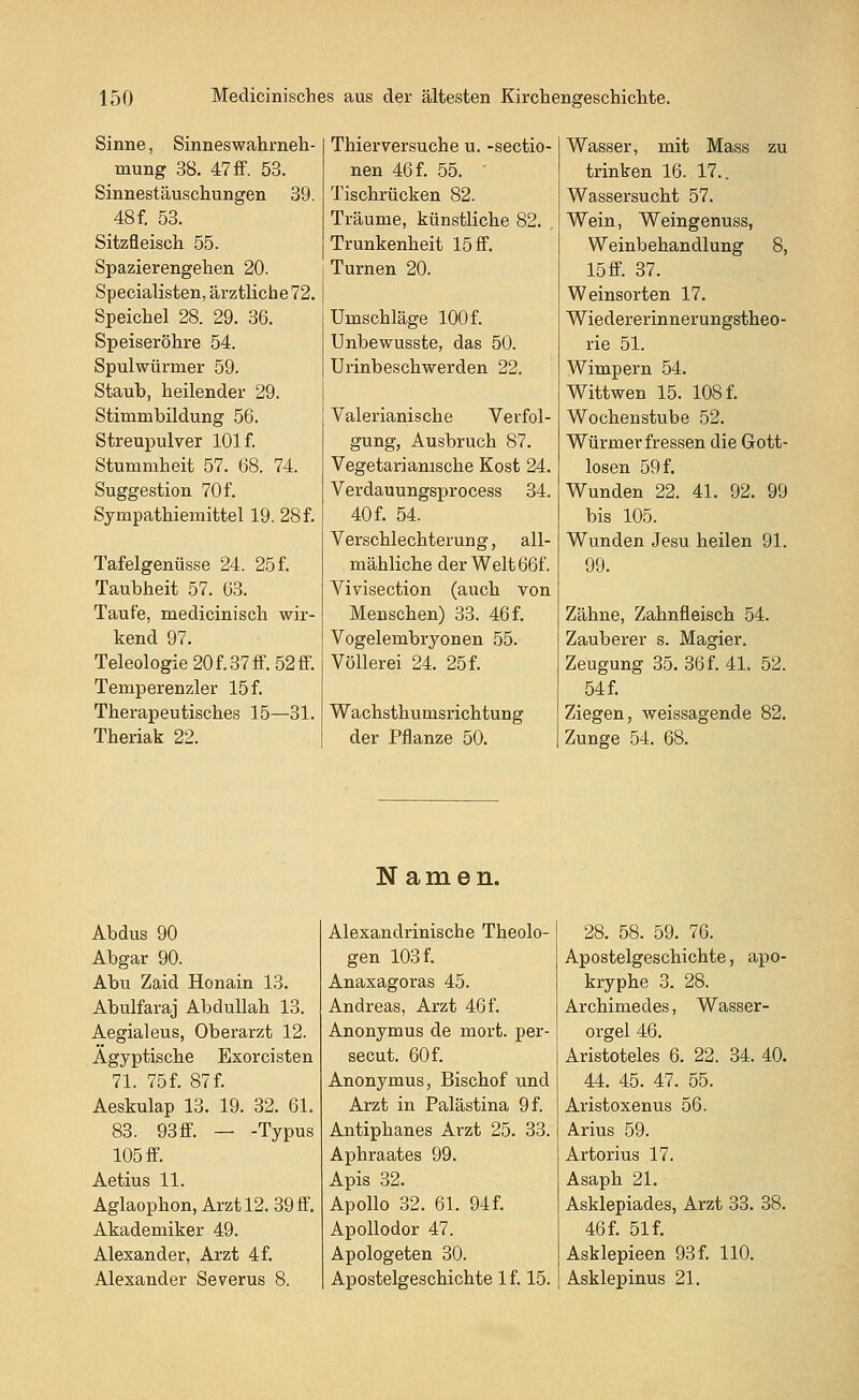 Sinne, Sinneswahrneh- mung 38. 47 ff. 53. Sinnestäuschungen 39. 48f. 53. Sitzfleisch 55. Spazierengehen 20. Specialisten, ärztliche 72. Speichel 28. 29. 36. Speiseröhre 54. Spulwürmer 59. Staub, heilender 29. Stimmbildung 56. Streupulver 101 f. Stummheit 57. 68. 74. Suggestion 70 f. Sympathiemittel 19. 28f. Tafelgenüsse 24. 25 f. Taubheit 57. 63. Taufe, medicinisch wir- kend 97. Teleologie20f.37ff.52ff. Temperenzler 15 f. Therapeutisches 15—31. Theriak 22. Thierversuche u. -sectio- nen 46 f. 55. Tischrücken 82. Träume, künstliche 82. , Trunkenheit 15 ff. Turnen 20. Umschläge 100 f. Unbewusste, das 50. Urinbeschwerden 22. Valerianische Verfol- gung, Ausbruch 87. Vegetarianische Kost 24. Verdauungsprocess 34. 40 f. 54. Verschlechterung, all- mähliche der Welt 66f. Vivisection (auch von Menschen) 33. 46 f. Vogelembryonen 55. Völlerei 24. 25f. Wachsthumsrichtung der Pflanze 50. Wasser, mit Mass zu trinken 16. 17.. Wassersucht 57. Wein, Weingenuss, Weinbehandlung 8, 15ff. 37. Weinsorten 17. Wiedererinnerungstheo- rie 51. Wimpern 54. Wittwen 15. 108 f. Wochenstube 52. Würmer fressen die Gott- losen 59 f. Wunden 22. 41. 92. 99 bis 105. Wunden Jesu heilen 91. 99. Zähne, Zahnfleisch 54. Zauberer s. Magier. Zeugung 35. 36 f. 4L 52. 54 f. Ziegen, weissagende 82. Zunge 54. 68. Namen. Abdus 90 Abgar 90. Abu Zaid Honain 13. Abulfaraj Abdullah 13. Aegialeus, Oberarzt 12. Ägyptische Exorcisten 71. 75 f. 87 f. Aeskulap 13. 19. 32. 61. 83. 93ff. — -Typus 105 ff. Aetius 11. Aglaophon, Arzt 12. 39 ff. Akademiker 49. Alexander, Arzt 4 f. Alexander Severus 8. Alexandrinische Theolo- gen 103 f. Anaxagoras 45. Andreas, Arzt 46 f. Anonymus de mort. per- secut. 60f. Anonymus, Bischof und Arzt in Palästina 9 f. Antiphanes Arzt 25. 33. Aphraates 99. Apis 32. Apollo 32. 61. 94f. Apollodor 47. Apologeten 30. Apostelgeschichte lf. 15. 28. 58. 59. 76. Apostelgeschichte, apo- kryphe 3. 28. Archimedes, Wasser- orgel 46. Aristoteles 6. 22. 34. 40. 44. 45. 47. 55. Aristoxenus 56. Arius 59. Artorius 17. Asaph 21. Asklepiades, Arzt 33. 38. 46 f. 51 f. Asklepieen 93 f. 110. Asklepinus 21.