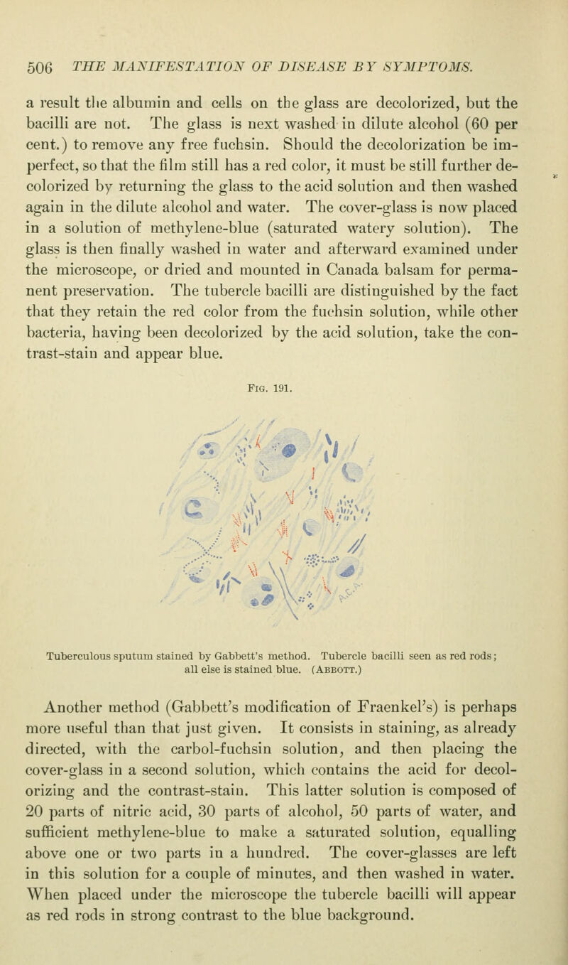 a result tlie albumin and cells on the glass are decolorized, but the bacilli are not. The glass is next washed in dilute alcohol (60 per cent.) to remove any free fuchsin. Should the decolorization be im- perfect, so that the film still has a red color, it must be still further de- colorized by returning the glass to the acid solution and then washed again in the dilute alcohol and water. The cover-glass is now placed in a solution of methylene-blue (saturated watery solution). The glass is then finally washed in water and afterward examined under the microscope, or dried and mounted in Canada balsam for perma- nent preservation. The tubercle bacilli are distinguished by the fact that they retain the red color from the fuchsin solution, while other bacteria, having been decolorized by the acid solution, take the con- trast-stain and appear blue. »« V- Fig. 191. vr «# Tuberculous sputum stained by Gabbett's method. Tubercle bacilli seen as red rods; all else is stained blue. (Abbott.) Another method (Gabbett's modification of Fraenkel's) is perhaps more useful than that just given. It consists in staining, as already directed, with the carbol-fuchsin solution, and then placing the cover-glass in a second solution, which contains the acid for decol- orizing and the contrast-stain. This latter solution is composed of 20 parts of nitric acid, 30 parts of alcohol, 50 parts of water, and sufficient methylene-blue to make a saturated solution, equalling above one or two parts in a hundred. The cover-glasses are left in this solution for a couple of minutes, and then washed in water. When placed under the microscope the tubercle bacilli will appear as red rods in strong contrast to the blue background.