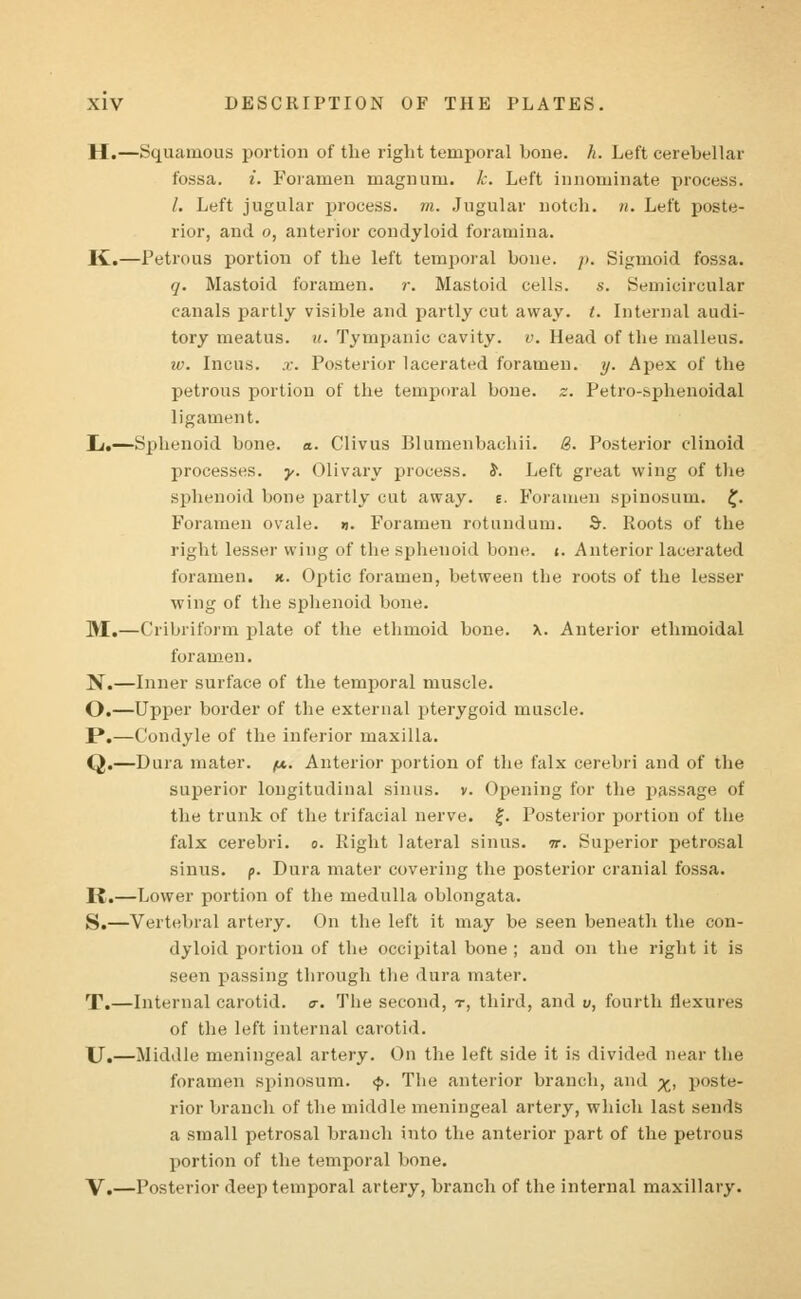 H.—Squamous portion of the right temporal bone. h. Left cerebellar fossa, i. Foramen magnum, k. Left innominate process. /. Left jugular process, m. Jugular notch, n. Left poste- rior, and o, anterior condyloid foramina. K.—Petrous portion of the left temporal bone. /;. Sigmoid fossa. q. Mastoid foramen. r. Mastoid cells, s. Semicircular canals partly visible and partly cut away. t. Internal audi- tory meatus, u. Tympanic cavity, v. Head of the malleus. w. Incus, x. Posterior lacerated foramen, y. Apex of the petrous portion of the temporal bone. z. Petro-sphenoidal ligament. Li,—Sphenoid bone. a. Clivus Blumenbachii. 8. Posterior clinoid processes, y. Olivary process. J. Left great wing of the sphenoid bone partly cut away. e. Foramen spinosum. £. Foramen ovale. ». Foramen rotundum. S-. Roots of the right lesser wing of the sphenoid bone. t. Anterior lacerated foramen, x. Optic foramen, between the roots of the lesser wing of the sphenoid bone. 31.—Cribriform plate of the ethmoid bone. X. Anterior ethmoidal foramen. N.—Inner surface of the temporal muscle. O.—Upper border of the external pterygoid muscle. P.—Condyle of the inferior maxilla. Q.—Dura mater, ft. Anterior portion of the falx cerebri and of the superior longitudinal sinus, v. Opening for the passage of the trunk of the trifacial nerve. £. Posterior portion of the falx cerebri, o. Right lateral sinus, ir. Superior petrosal sinus, p. Dura mater covering the posterior cranial fossa. K.—Lower portion of the medulla oblongata. S.—Vertebral artery. On the left it may be seen beneath the con- dyloid portion of the occipital bone ; and on the right it is seen passing through the dura mater. T.—Internal carotid. <r. The second, t, third, and u, fourth flexures of the left internal carotid. U.—Middle meningeal artery. On the left side it is divided near the foramen spinosum. <p. The anterior branch, and ^, poste- rior branch of the middle meningeal artery, which last sends a small petrosal branch into the anterior part of the petrous portion of the temporal bone. V.—Posterior deep temporal artery, branch of the internal maxillary.