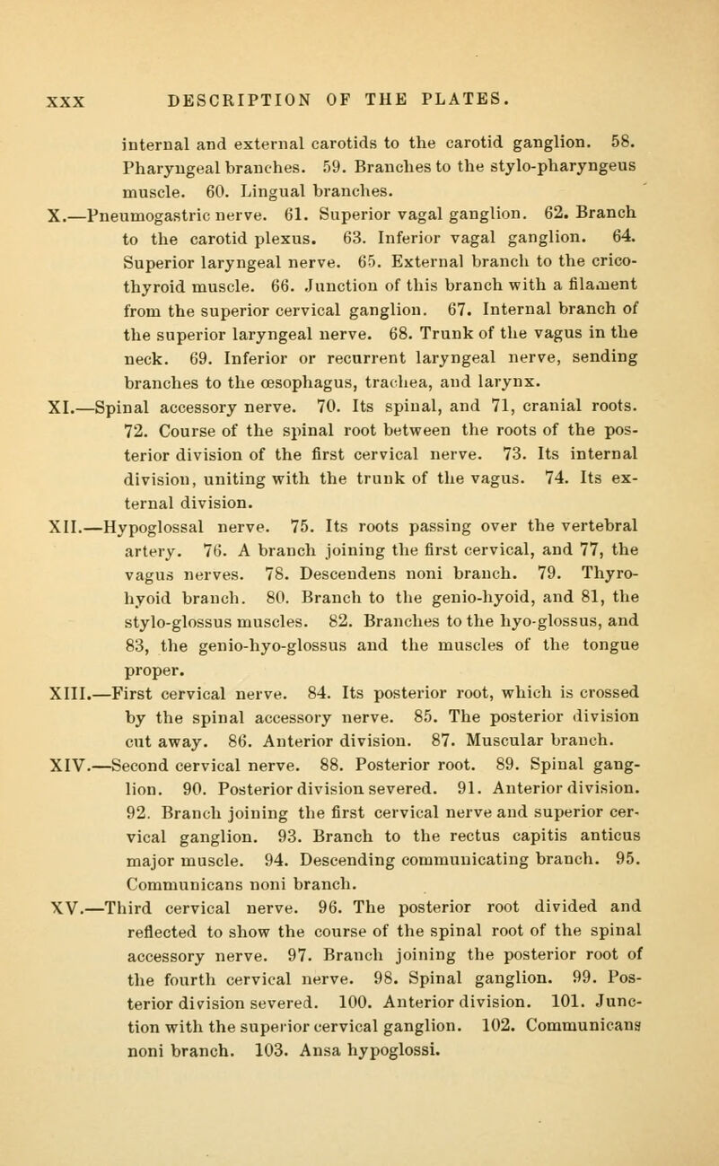 internal and external carotids to the carotid ganglion. 58. Pharyngeal branches. 59. Branches to the stylo-pharyngeus muscle. 60. Lingual branches. X.—Pneumogastric nerve. 61. Superior vagal ganglion. 62. Branch to the carotid plexus. 63. Inferior vagal ganglion. 64. Superior laryngeal nerve. 65. External branch to the crico- thyroid muscle. 66. Junction of this branch with a filament from the superior cervical ganglion. 67. Internal branch of the superior laryngeal nerve. 68. Trunk of the vagus in the neck. 69. Inferior or recurrent laryngeal nerve, sending branches to the oesophagus, trachea, and larynx. XI.—Spinal accessory nerve. 70. Its spinal, and 71, cranial roots. 72. Course of the spinal root between the roots of the pos- terior division of the first cervical nerve. 73. Its internal division, uniting with the trunk of the vagus. 74. Its ex- ternal division. XII.—Hypoglossal nerve. 75. Its roots passing over the vertebral artery. 76. A branch joining the first cervical, and 77, the vagus nerves. 78. Descendens noni branch. 79. Thyro- hyoid branch. 80. Branch to the genio-hyoid, and 81, the stylo-glossus muscles. 82. Branches to the hyo-glossus, and 83, the genio-hyo-glossus and the muscles of the tongue proper. XIII.—First cervical nerve. 84. Its posterior root, which is crossed by the spinal accessory nerve. 85. The posterior division cut away. 86. Anterior division. 87. Muscular branch. XIV.—Second cervical nerve. 88. Posterior root. 89. Spinal gang- lion. 90. Posterior division severed. 91. Anterior division. 92. Branch joining the first cervical nerve and superior cer- vical ganglion. 93. Branch to the rectus capitis anticus major muscle. 94. Descending communicating branch. 95. Communicans noni branch. XV.—Third cervical nerve. 96. The posterior root divided and reflected to show the course of the spinal root of the spinal accessory nerve. 97. Branch joining the posterior root of the fourth cervical nerve. 98. Spinal ganglion. 99. Pos- terior division severed. 100. Anterior division. 101. Junc- tion with the superior cervical ganglion. 102. Communicans noni branch. 103. Ansa hypoglossi.