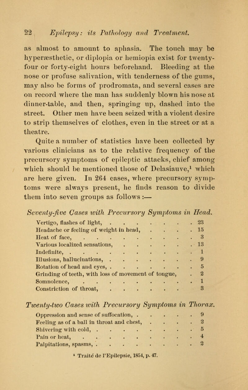 as almost to amount to aphasia. The touch may be h3'per«Testhetic, or diplopia or liemiopia exist for twenty- four or forty-eiglit hours beforehand. Bleeding at the nose or profuse salivation, with tenderness of the gums, may also be forms of prodromata, and several cases are on record where the man has suddenl}^ blown his nose at dinner-table, and then, springing up, dashed into the street. Other men have been seized with a violent desire to strip themselves of clothes, even in the street or at a theatre. Quite a number of statistics have been collected by various clinicians as to the relative frequency of the precursory symptoms of epileptic attacks, chief among which should be mentioned those of Delasiauve,^ which are here given. In 264 cases, where precursor}^ symp- toms were alwa3's present, he finds reason to divide them into seven groups as follows :— Seventy-five Cases with P7^ecurso7y Symptoms in Head. Vertigo, flashes of light, 23 Headache or feeling of weight in head, . . . .15 Heat of face, 3 Various localized sensations, 13 Indefinite, 1 Illusions, hallucinations, 9 Kotation of head and eyes, 5 Grinding of teeth, with loss of movement of tongue, . 2 Somnolence, ......... 1 Constriction of throat, 3 Twenty-two Gases with Precursory Symptoms in Thorax. Oppression and sense of suffocation, 9 Feeling as of a ball in throat and chest, .... 2 Sliivering with cold, 5 Pain or heat, .4 Palpitations, spasms, 2 » Traite de r Epilepsia, 1854, p. 47.