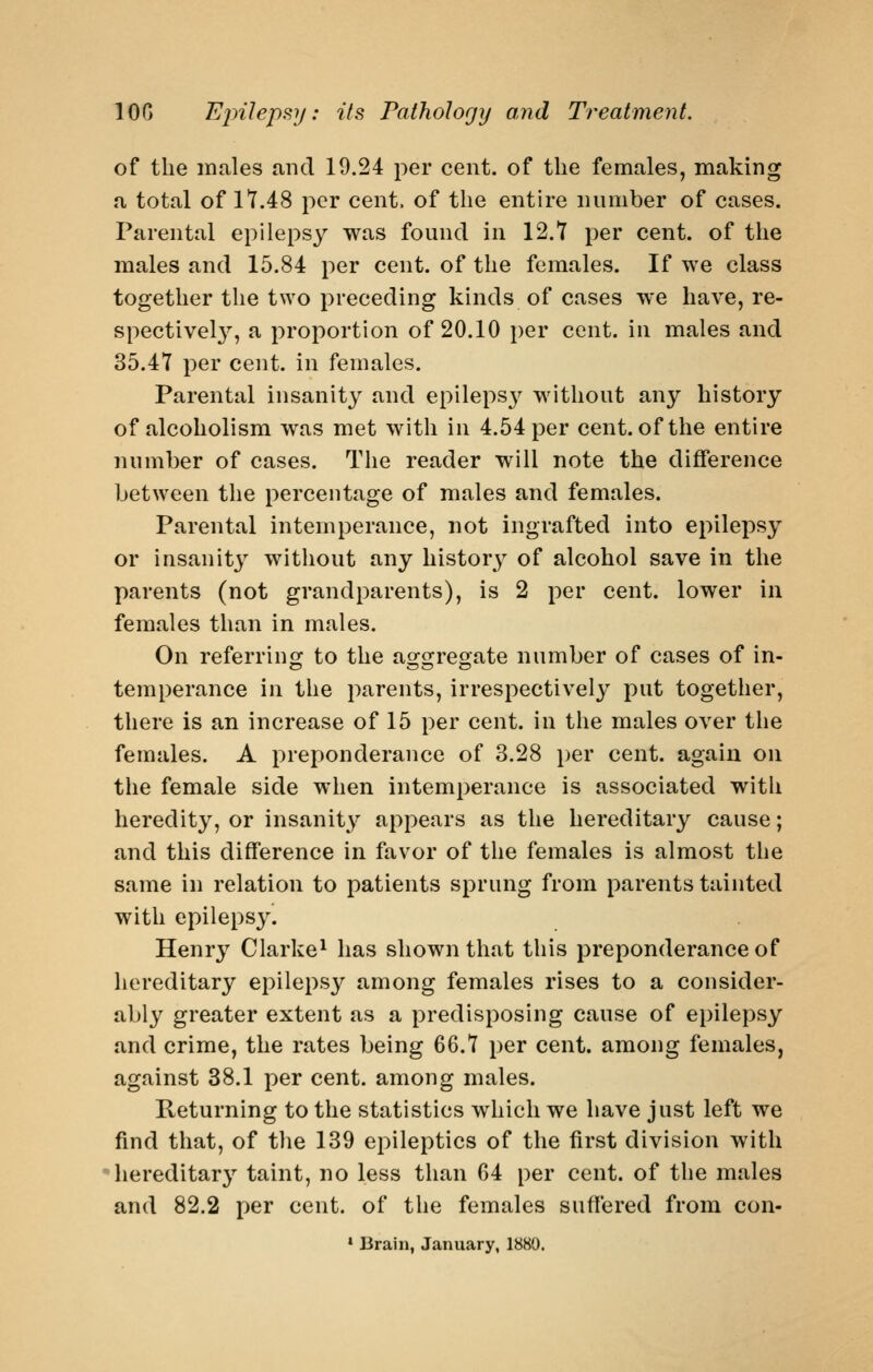 of the males and 19.24 per cent, of the females, making a total of 11.48 per cent, of the entire number of cases. Parental epilepsy was found in 12.7 per cent, of the males and 15.84 per cent, of the females. If we class together the two preceding kinds of cases we have, re- spectivel}^, a proportion of 20.10 per cent, in males and 35.47 per cent, in females. Parental insanity and epileps}^ without any history of alcoholism was met with in 4.54 per cent, of the entire number of cases. The reader will note the difference between the percentage of males and females. Parental intemperance, not ingrafted into epilepsy or insanitj without any history of alcohol save in the parents (not grandparents), is 2 per cent, lower in females than in males. On referring; to the ao-o;reoate number of cases of in- temperance in the parents, irrespectively put together, there is an increase of 15 per cent, in the males over the females. A preponderance of 3.28 per cent, agaiu on the female side when intemperance is associated with heredity, or insanity appears as the hereditary cause; and this difference in favor of the females is almost the same in relation to patients sprung from parents tainted with epilepsy. Henry Clarke^ has shown that this preponderance of hereditary epilepsy among females rises to a consider- ably greater extent as a predisposing cause of epilepsy and crime, the rates being 66.7 per cent, among females, against 38.1 per cent, among males. Returning to the statistics which we have just left we find that, of the 139 epileptics of the first division with hereditar}'- taint, no less than 64 per cent, of the males and 82.2 per cent, of the females suffered from con- • Brain, January, 1880.