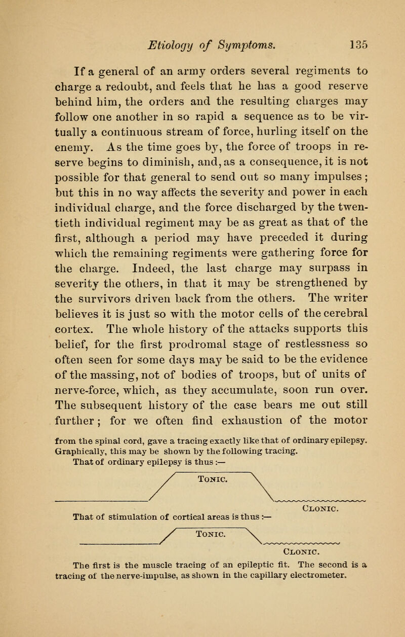 If a general of an army orders several regiments to charge a redoubt, and feels that he has a good reserve behind him, the orders and the resulting charges may follow one another in so rapid a sequence as to be vir- tually a continuous stream of force, hurling itself on the enemy. As the time goes b}^, the force of troops in re- serve begins to diminish, and, as a consequence, it is not possible for that general to send out so many impulses; but this in no way affects the severity and power in each individual charge, and the force discharged by the twen- tieth individual regiment may be as great as that of the first, although a period may have preceded it during which the remaining regiments were gathering force for the charge. Indeed, the last charge may surpass in severity the others, in that it may be strengthened by the survivors driven back from the others. The writer believes it is just so with the motor cells of the cerebral cortex. The whole history of the attacks supports this belief, for the first prodromal stage of restlessness so often seen for some days may be said to be the evidence of the massing, not of bodies of troops, but of units of nerve-force, which, as they accumulate, soon run over. The subsequent history of the case bears me out still further ; for we often find exhaustion of the motor from the spinal cord, gave a tracing exactly like that of ordinary epilepsy. Graphically, this may be shown by the following tracing. That of ordinary epilepsy is thus :— Tonic. Clonic. That of stimulation of cortical areas is thus :— Tonic. Clonic. The first is the muscle tracing of an epileptic fit. The second is a tracing of the nerve-impulse, as shown in the capillary electrometer.