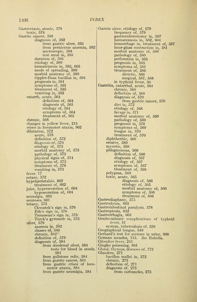 Gastrectasis, atonic, 578 toxic, 578 Gastric cancer, 588 diagnosis of, 592 from gastric ulcer, 593 from pernicious anaemia, 592 microscopic, 594 test meal in, 593 duration of, 594 etiology of, 589 haematemesis in, 592, 605 mode of spreading, 589 morbid anatomy of, 589 Oppler-Boas baciUus in, 594 prognosis in, 594 symptoms of, 591 treatment of, 595 vomiting in, 592 catarrh, acute, 564 definition of, 564 diagnosis of, 565 etiology of, 564 symptoms of, 564 treatment of, 565 chronic, 568 changes in yellow fever, 215 crises in locomotor ataxia, 962 dilatation, 572 acute, 578 definition of, 572 diagnosis of, 576 etiology of, 572 morbid anatomy of, 573 pathology of, 573 physical signs of, 574 symptoms of, 573 treatment of, 576 vomiting in, 573 fever, 17 ectasy, 572 hyperperistalsis, 602 treatment of, 602 juice, hypersecretion of, 604 hyposecretion of, 604 neuralgia, 603 neuroses, 601 tetany, 575 Chvostek's sign in, 576 Erb's sign in, 576 Trousseau's sign in, 575 Tiirck's gyromele in, 575 ulcer, 579 anaemia in, 582 classes of, 580 chronic, 582 definition of, 579 diagnosis of, 584 from duodenal ulcer, 584 tests for blood in stools, 584 from gallstone colic, 584 from gastric cancer, 584 from gastric crises of loco- motor ataxia, 584 from gastric neuralgia, 584 Gastric ulcer, etiology of, 579 frequency of, 579 gastroenterostomy in, 587 haematemesis in, 582, 604 hemorrhage in, treatment of, 587 hour-glass contraction in, 581 morbid anatomy of, 580 pathology of, 580 perforation in, 583 prognosis in, 585 symptoms of, 581 treatment of, 586 dietetic, 586 surgical, 587, 588 in typhoid fever, 36 Gastritis, catarrhal, acute, 564 chronic, 568 definition of, 568 diagnosis of, 570 from gastric cancer, 570 diet in, 572 etiology of, 568 lavage in, 571 morbid anatomy of, 569 pathology of, 569 prognosis in, 570 symptoms of, 569 tongue in, 570 treatment of, 570 diphtheritic, 568 erosive, 569 , mycotic, 568 phlegmonous, 566 definition of, 566 diagnosis of, 567 etiology of, 567 symptoms of, 567 treatment of, 568 polyposa, 569 toxic, acute, 565 diagnosis of, 566 etiology of, 565 morbid anatomy of, 566 symptoms of, 566 treatment of, 566 Gastrodiaphany, 575 Gastrodynia, 603 Gastrointestinal paralysis, 578 Gastroptosis, 632 Gastrorrhagia, 604 Genito-urinary complications of typhoid fever, 41 system, tuberculosis of, 338 Geographical tongue, 549 Gerhard's test for acetone in urine, 800 German measles, 115. See Rubella. Gibralter fever, 245 Gingko poisoning, 861 Gland, thymus, diseases of, 772 Glanders,' 271 bacillus mallei in, 272 chronic, 273 definition of, 271 diagnosis of, 273 from carbuncles, 273