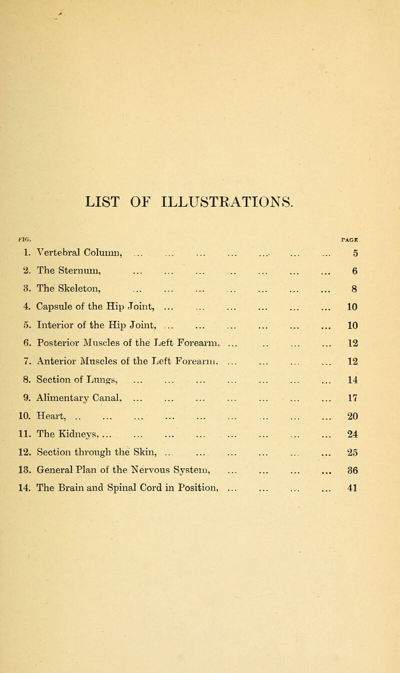 LIST or ILLUSTRATIONS. 1. Vertebral Column, ... 2. The Sternum, 3. The Skeleton, 4. Capsule of the Hip Joint, 5. Interior of the Hip Joint, 6. Posterior Muscles of the Left Forearm, 7. Anterior Muscles of the Left Forearni. 8. Section of Lungs, 9. Alimentary Canal, ... 10. Heart, 11. The Kidneys, 12. Section through the Skin, 13. General Plan of the Nervous System, 14. The Brain and Spinal Cord in Position, 8 10 10 12 12 14 17 20 24 25 36 41