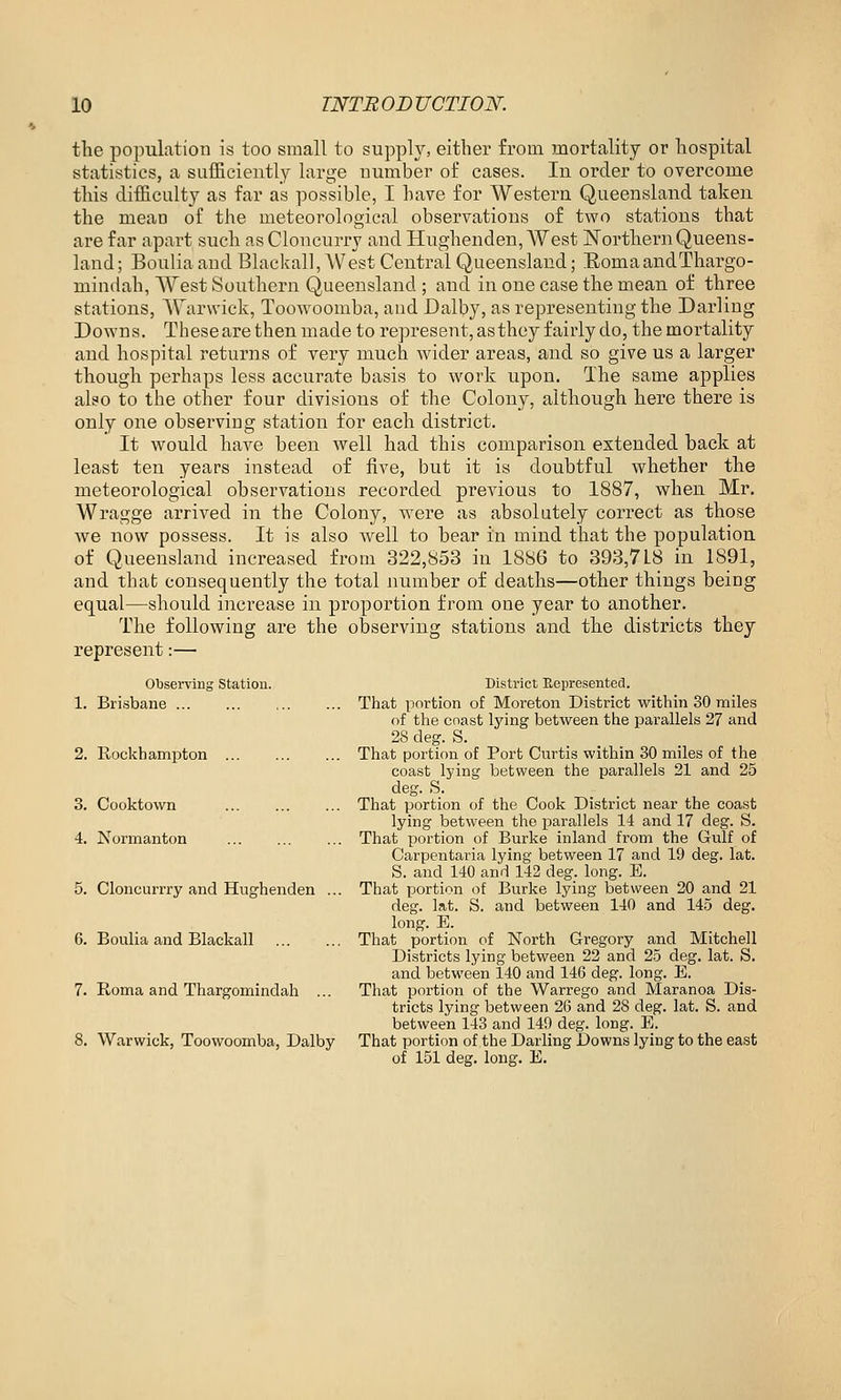 the population is too small to supply, either from mortality or hospital statistics, a sufficiently large number of cases. In order to overcome this difficulty as far as possible, I have for Western Queensland taken the mean of the meteorological observations of two stations that are far apart such as Cloncurry and Hughenden, AVest Northern Queens- land; Bouliaaud Blackal],AVest Central Queensland; EomaandThargo- mindah, West Southern Queensland ; and in one case the mean of three stations, A^arwick, Toowoomba, and Dalby, as representing the Darling Downs. These are then made to represent, as they fairly do, the mortality and hospital returns of very much wider areas, and so give us a larger though perhaps less accurate basis to work upon. The same applies also to the other four divisions of the Colony, although here there is only one observing station for each district. It would have been well had this comparison extended back at least ten years instead of five, but it is doubtful whether the meteorological observations recorded previous to 1887, when Mr. Wragge arrived in the Colony, were as absolutely correct as those we now possess. It is also well to bear in mind that the population of Queensland increased from 322,853 in 1886 to 393,718 in 1891, and that consequently the total number of deaths—other things being equal—should increase in proportion from one year to another. The following are the observing stations and the districts they represent:— Observing Station. District Represented. 1. Brisbane That portion of Moreton District within 30 railes of the coast lying between the parallels 27 and 28 deg. S. 2. P»,oclchampton That portion of Port Curtis within 30 miles of the coast lying between the parallels 21 and 25 deg. S. 3. Cooktown That portion of the Cook District near the coast lying between the parallels 14 and 17 deg. S. 4. Normanton That portion of Burke inland from the Gulf of Carpentaria lying between 17 and 19 deg. lat. S. and 140 and 142 deg_. long. E. 5. Cloncurrry and Hughenden ... That portion of Burke lying between 20 and 21 deg. lat. S. and between 140 and 145 deg. long. E. 6. Boulia and Blackall That portion of North Gregory and Mitchell Districts lying between 22 and 25 deg. lat. S. and between 140 and 146 deg. long. E. 7. Roma and Thargomindah ... That portion of the Warrego and Maranoa Dis- tricts lying between 26 and 28 deg. lat. S. and between 143 and 149 deg. long. E. 8. Warwick, Toowoomba, Dalby That portion of the Darling Downs lying to the east of 151 deg. long. E.