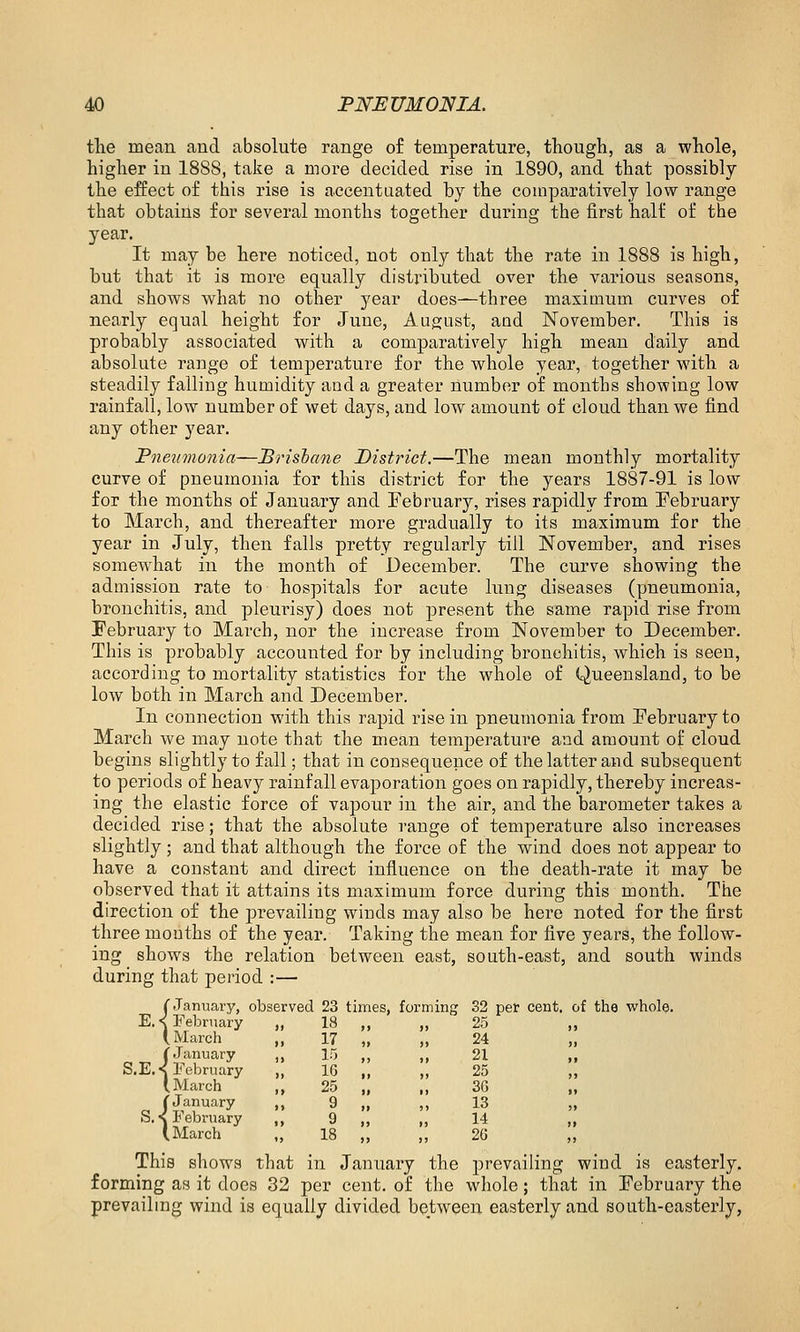 the mean and absolute range of temperature, though, as a whole, higher in 1888, take a more decided rise in 1890, and that possibly the effect of this rise is accentuated by the coinparatiyely low range that obtains for several months together during the first half of the year. It may be here noticed, not only that the rate in 1888 is high, but that it is more equally distributed over the various seasons, and shows what no other year does-^three maximum curves of nearly equal height for June, August, and November. This is probably associated with a comparatively high mean daily and absolute range of temperature for the whole year, together with a steadily falling humidity and a greater number of months showing low rainfall, low number of wet days, and low amount of cloud than we find any other year. 'Pneumonia—Prishcme District.—The mean monthly mortality curve of pneumonia for this district for the years 1887-91 is low for the months of January and February, rises rapidly from February to March, and thereafter more gradually to its maximum for the year in July, then falls pretty regularly till November, and rises somew^hat in the month of December. The curve showing the admission rate to hospitals for acute lung diseases (pneumonia, bronchitis, and pleurisy) does not present the same rapid rise from February to March, nor the increase from November to December. This is probably accounted for by including bronchitis, which is seen, according to mortality statistics for the whole of Queensland, to be low both in March and December. In connection with this rapid rise in pneumonia from February to March we may note that the mean temperature and amount of cloud begins slightly to fall; that in consequence of the latter and subsequent to periods of heavy rainfall evaporation goes on rapidly, thereby increas- ing the elastic force of vapour in the air, and the barometer takes a decided rise; that the absolute range of temperature also increases slightly; and that although the force of the wind does not appear to have a constant and direct influence on the death-rate it may be observed that it attains its maximum force during this month. The direction of the prevailing winds may also be here noted for the first three months of the year. Taking the mean for five years, the follow- ing shows the relation between east, south-east, and south winds during that period :— (January, observed 23 tirr: E.< February „ 18 ( March (January S.E. s February I March (January S.s February t March 17 15 16 25 9 9 18 es, forming 32 per cent of the whole 25 24 21 25 3G 13 14 26 This shows that in January the prevailing wind is easterly, forming as it does 32 per cent, of the whole; that in February the prevailing wind is equally divided be,tween easterly and south-easterly,