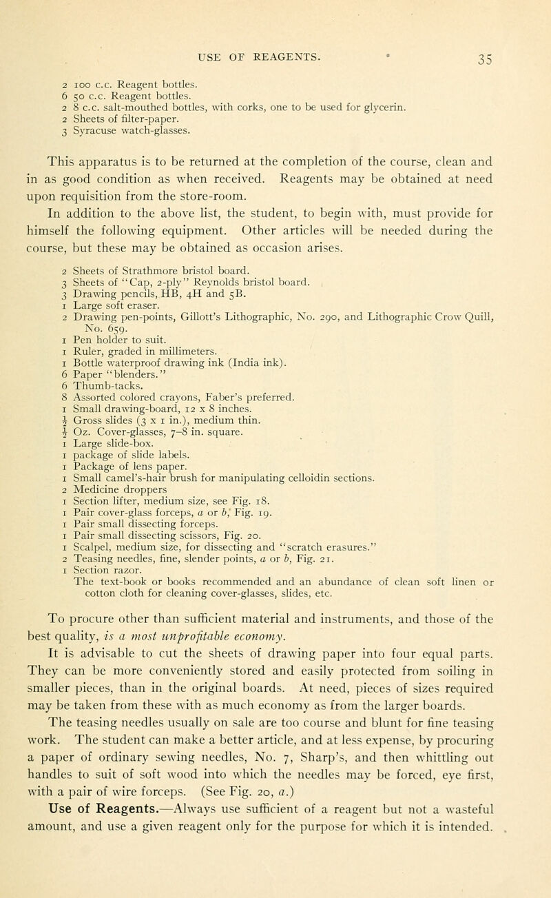 2 100 c.c. Reagent bottles. 6 50 c.c. Reagent bottles. 2 8 c.c. salt-mouthed bottles, with corks, one to be used for glycerin. 2 Sheets of filter-paper. 3 Syracuse watch-glasses. This apparatus is to be returned at the completion of the course, clean and in as good condition as when received. Reagents may be obtained at need upon requisition from the store-room. In addition to the above Hst, the student, to begin with, must provide for himself the following equipment. Other articles will be needed during the course, but these may be obtained as occasion arises. 2 Sheets of Strathmore bristol board. 3 Sheets of Cap, 2-ply Reynolds bristol board. 3 Drawing pencils, HE, 4H and 5B. 1 Large soft eraser. 2 Drawdng pen-points, Gillott's Lithographic, No. 290, and Lithographic Crow Quill, No. 659. I Pen holder to suit. I Ruler, graded in millimeters. I Bottle waterproof drawing ink (India ink). 6 Paper blenders. 6 Thumb-tacks. 8 Assorted colored crayons, Faber's preferred. I Small drawing-board, 12x8 inches. ^ Gross slides (3x1 in.), medium thin. I Oz. Cover-glasses, 7-8 in. square. I Large slide-box. I package of slide labels. I Package of lens paper. 1 Small camel's-hair brush for manipulating celloidin sections. 2 Medicine droppers I Section lifter, medium size, see Fig. 18. I Pair cover-glass forceps, a or bj Fig. 19. I Pair small dissecting forceps. I Pair small dissecting scissors. Fig. 20. 1 Scalpel, medium size, for dissecting and scratch erasures. 2 Teasing needles, fine, slender points, a or b, Fig. 21. I Section razor. The text-book or books recommended and an abundance of clean soft linen or cotton cloth for cleaning cover-glasses, slides, etc. To procure other than sufficient material and instruments, and those of the best quality, is a most unprofitable economy. It is advisable to cut the sheets of drawing paper into four equal parts. They can be more conveniently stored and easily protected from soiling in smaller pieces, than in the original boards. At need, pieces of sizes required may be taken from these with as much economy as from the larger boards. The teasing needles usually on sale are too course and blunt for fine teasing work. The student can make a better article, and at less expense, by procuring a paper of ordinary sewing needles, No. 7, Sharp's, and then whittling out handles to suit of soft wood into which the needles may be forced, eye first, with a pair of wire forceps. (See Fig. 20, a.) Use of Reagents.—Always use sufficient of a reagent but not a wasteful amount, and use a given reagent only for the purpose for which it is intended.