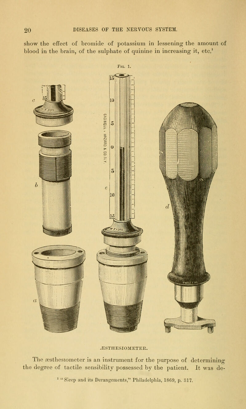 show the effect of bromide of potassium in lessening the amount of blood in the brain, of the sulphate of quinine in increasing it, etc,* ^STHESIOMETEE. The a?sthesiometer is an instrument for the purpose of determining the degree of tactile sensibility possessed by the patient. It was de- Sleep and its Derangements, riiiladclphia, 1869, p. ol7.