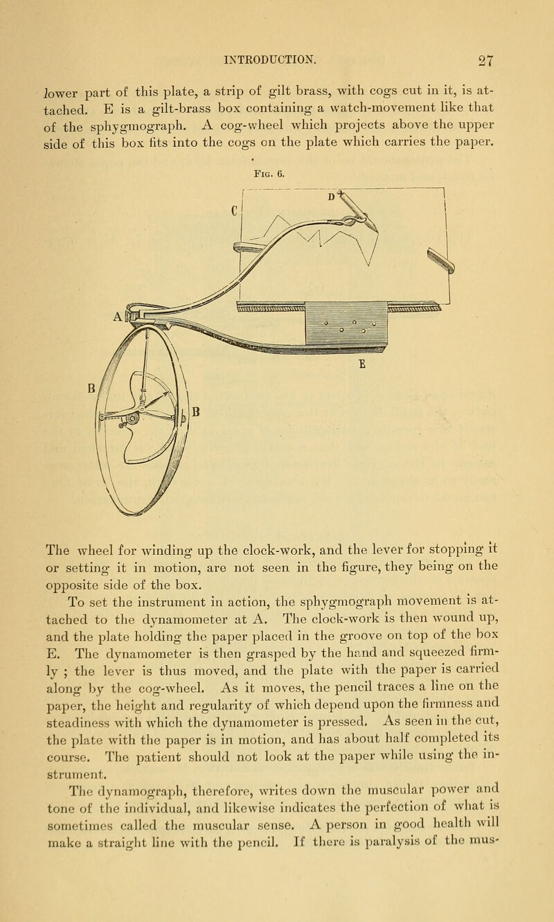 lower part of this plate, a strip of gilt brass, with cogs cut in it, is at- tached. E is a gilt-brass box containing a watch-movement like that of the sphygmograph. A cog-v;heel which projects above the upper side of this box fits into the cogs on the plate which carries the paper. Fig. 6. The wheel for winding up the clock-work, and the lever for stopping it or setting it in motion, are not seen in the figure, they being on the opposite side of the box. To set the instrument in action, the sphygmograph movement is at- tached to the dynamometer at A. The clock-work is then wound up, and the plate holding the paper placed in the groove on top of the box E. The dynamometer is then grasped by the hand and squeezed firm- ly ; the lever is thus moved, and the plate with the paper is carried along by the cog-wheel. As it moves, the pencil traces a line on the paper, the height and regularity of which depend upon the firmness and steadiness with which the dynamometer is pressed. As seen in the cut, the plate with the paper is in motion, and has about half completed its course. The patient should not look at the paper while using the in- strument. The dynamograph, therefore, writes down the muscular power and tone of the individual, and likewise indicates the perfection of what is sometimes called the muscular sense. A person in good health will make a straight line with the pencil. If there is paralysis of the mus-