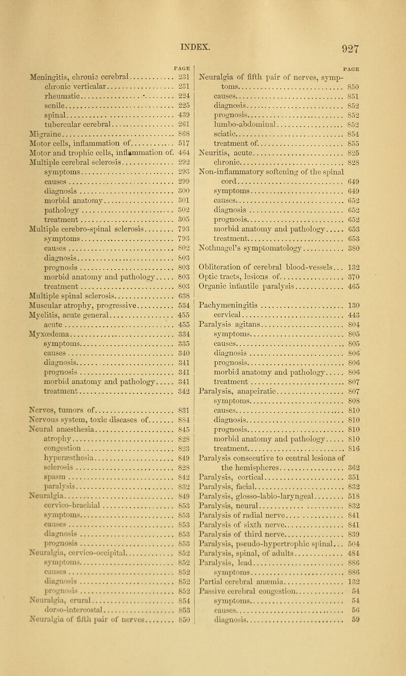 92Y PAGE Meningitis, chronic cerebral 231 chronic verticalar 231 rheumatic • 224 senile 225 spinal 439 tubercular cerebral 261 Migraine 868 Motor cells, inilammation of 517 Motor and trophic cells, inflammation of. 464 Multiple cerebral sclerosis 292 symptoms 293 causes 299 diagnosis 300 morbid anatomy 301 pathology 302 treatment 305 Multiple cerebro-spinal sclerosis 793 symptoms 793 causes 803 • diagnosis 803 prognosis 803 morbid anatomy and pathology 803 treatment 803 Multiple spinal sclerosis 638 Muscular atrophy, progressive 534 Myelitis, acute general 455 acute 455 Myxffidema 334 symptoms 335 causes 340 diagnosis 341 prognosis 341 morbid anatomy and pathology 341 treatment 342 Nerves, tumors of 831 Nervous system, toxic diseases of 884 Neural anaesthesia 845 atrophy 828 congestion 823 hyperaesthesia 849 sclerosis 828 spasm 842 paralysis 832 Neuralgia 849 cervico-bracliial 853 symptoms 853 causes 853 diagnosis 853 prognosis 853 Neuralgia, cervico-occipital 852 symptoms 852 causes 852 diagnosis 852 prf)gno.^is 852 Neuralgia, crural 854 dorso-intercostal 853 Neuralgia oi' filth pair of nerves 850 PAGE Neuralgia of fifth pair of nerves, symp- toms 850 causes 851 diagnosis 852 prognosis 852 lumbo-abdominal 852 sciatic 854 treatment of. 855 Neuritis, acute 825 chronic 828 Non-inflammatory softening of the spinal cord 649 symptoms 649 causes 652 diagnosis 652 prognosis , 652 morbid anatomy and pathology 653 treatment 653 Nothnagel's symptomatology 380 Obliteration of cerebral blood-vessels... 132 Optic tracts, lesions of 370 Organic infantile paralysis 465 Pachymeningitis 130 cervical 443 Paralysis agitans 804 symptoms 805 causes 805 diagnosis 806 prognosis 806 morbid anatomy and patliology 806 treatment 807 Paralysis, anapeiratic 807 symptoms 808 causes 810 diagnosis 810 prognosis 810 morbid anatomy and pathology 810 treatment 816 Paralysis consecutive to central lesions of the hemispheres 362 Paralysis, cortical 351 Paralysis, facial 832 Paralysis, glosso-labio-laryngeal 518 Paralysis, neural 832 Paralysis of radial nerve 841 Paralysis of sixth nerve 841 Paralysis of third nerve 839 Paralysis, pseudo-hypertropliic spinal... 504 Paralysis, sjjinal, of adults 484 Paralysis, lead 886 symptoms 886 Partial cerebral anicmia 132 Passive cerebral congestion 54 symptoms 54 causes 56 diagnosis 59