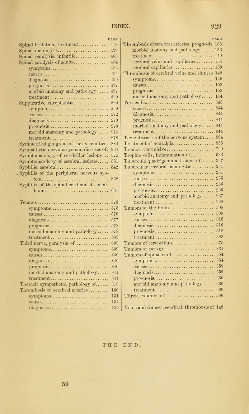 PAGE Spinal irritation, treatment 418 Spinal meningitis 439 Spinal paralysis, infantile 465 Spinal paralysis of adults 484 symptoms 480 causes 494 diagnosis 495 prognosis 497 morbid anatomy and pathology 497 treatment 499 Suppurative encephalitis 269 symptoms 269 causes 272 diagnosis 273 prognosis 273 morbid anatomy and pathology 274 treatment 278 Symmetrical gangrene of the extremities. 880 Sympathetic nervous system, diseases of. 864 Symptomatology of cerebellar lesions... 372 Symptomatology of cerebral lesions 351 Syphilis, cerebral 342 , Syphilis of the peripheral nervous sys- tem 862 Syphilis of the spinal cord and its mem- branes 661 Tetanus 573 symptoms 573 causes 576 diagnosis 577 prognosis 578 morbid anatomy and pathology 578 treatment 583 Third nerve, paralysis of. 839 symptoms 839 causes 840 diagnosis 840 prognosis 840 morbid anatomy and pathology 841 treatment 841 Thoracic sympathetic, pathology of. 876 Thrombosis of cerebral arteries 130 symptoms 131 causes 134 diagnosis 135 PAGE Thrombosis of cerebral arteries, prognosis 135 morbid anatomy and pathology 186 treatment 140 cerebral veins and capillaries 154 cerebral capillaries 159 Thi'ombosis of cerebral veins and sinuses 149 symptoms 149 causes 153 prognosis 153 morbid anatomy and pathology 154 Torticollis 843 causes 844 diagnosis 844 prognosis 844 morbid anatomy and patliology 844 treatment 844 Toxic diseases of the nervous system 884 Treatment of neuralgia 855 Tremor, convulsive 720 Trophic cells, inflammation of. 533 Tubercula quadrigemina, lesions of 367 Tubercular cerebral meningitis 261 symptoms 261 causes 265 diagnosis 266 prognosis 266 morbid anatomy and pathology 267 treatment 268 Tumors of the brain 308 symptoms 308 causes 315 diagnosis 316 prognosis 318 treatment 323 Tumors of cerebellum 375 Tumors of nerves 831 Tumors of spinal cord 654 symptoms 654 causes 659 diagnosis 659 prognosis 660 morbid anatomy and pathology 600 treatment 660 Tilrck, columns of 580 Veins and sinuses, cerebral, thrombosis of 149 THE END. 50