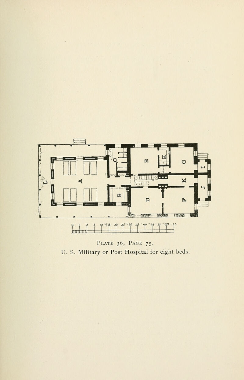 10 5 0 5 10 '^1^ ip IS'-30 =)? ■ Y 45 so 'SS SO Plate 36, Page 75. U. S. Military or Post Hospital for eight beds.