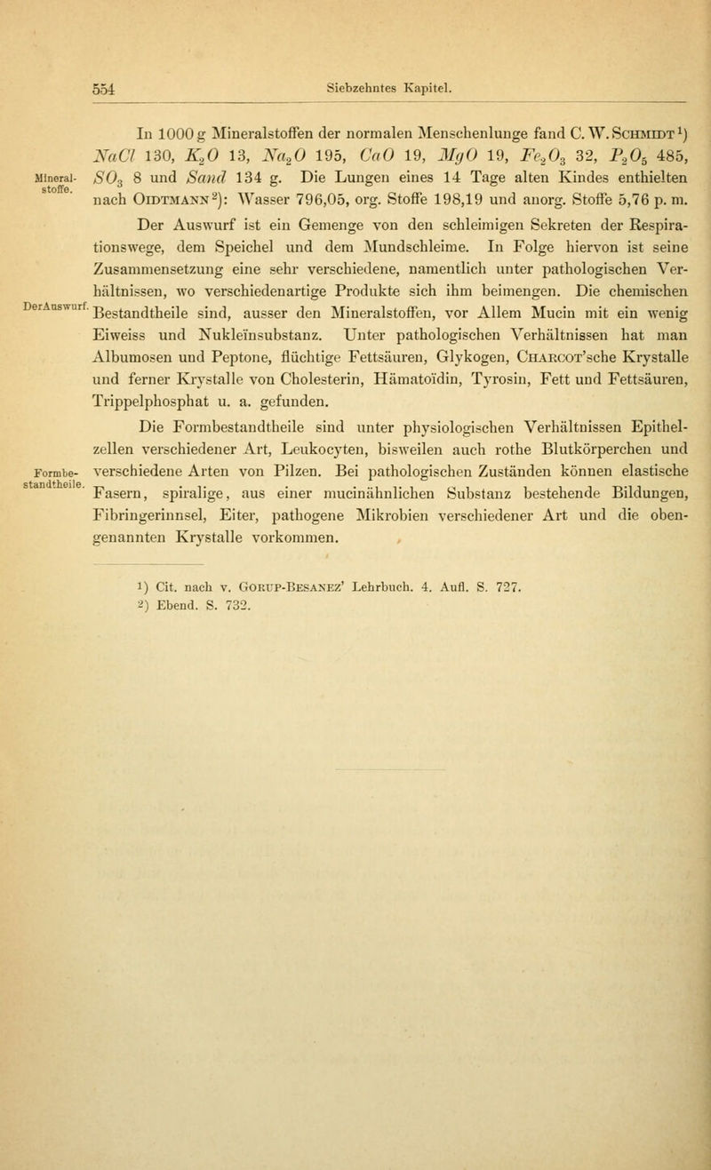 In 1000 g Mineralstoffen der normalen Mensehenlunge fand C. W. Sckmedt ^) NaCl 130, K2O 13, Na.^0 195, CaO 19, 3IgO 19, Fe^O^ 32, P.^0^ 485, Mineral- SO^ 8 und Saticl 134 g. Die Lungen eines 14 Tage alten Kindes enthielten nach OiDTMANN^]: Wasser 796,05, org. Stoffe 198,19 und anorg, Stoffe 5,76 p. m. Der Auswurf ist ein Gemenge von den schleimigen Sekreten der Respira- tionswege, dem Speichel und dem ^Nlundschleime. In Folge hiervon ist seine Zusammensetzung eine sehr- verschiedene, namentlich unter pathologischen Ver- hältnissen, wo verschiedenartige Produkte sich ihm beimengen. Die chemischen uswur. ßggtandtheile sind, ausser den Mineralstoffen, vor Allem Mucin mit ein wenig Eiweiss und Nukleinsubstanz. Unter pathologischen Verhältnissen hat man Albumosen und Peptone, flüchtige Fettsäuren, Glykogen, CHAECOT'sche Krystalle und ferner Krystalle von Cholesterin, Hämatoidin, Tyrosin, Fett und Fettsäuren, Trippelphosphat u. a. gefunden. Die Formbestandtheile sind unter physiologischen Verhältnissen Epithel- zellen verschiedener Art, Leukocyten, bisweilen auch rothe Blutkörperchen und Formbe- Verschiedene Arten von Pilzen. Bei pathologischen Zuständen können elastische Fasern, spiralige, aus einer mucinähnlichen Substanz bestehende Bildungen, Fibringerinnsel, Eiter, pathogene Mikrobien verschiedener Art und die oben- genannten Krystalle vorkommen. 1) Cit. nach v. Gorup-Besanez' Lehrbuch. 4. Aufl. S. 727. 2) Ebend. S. 732.