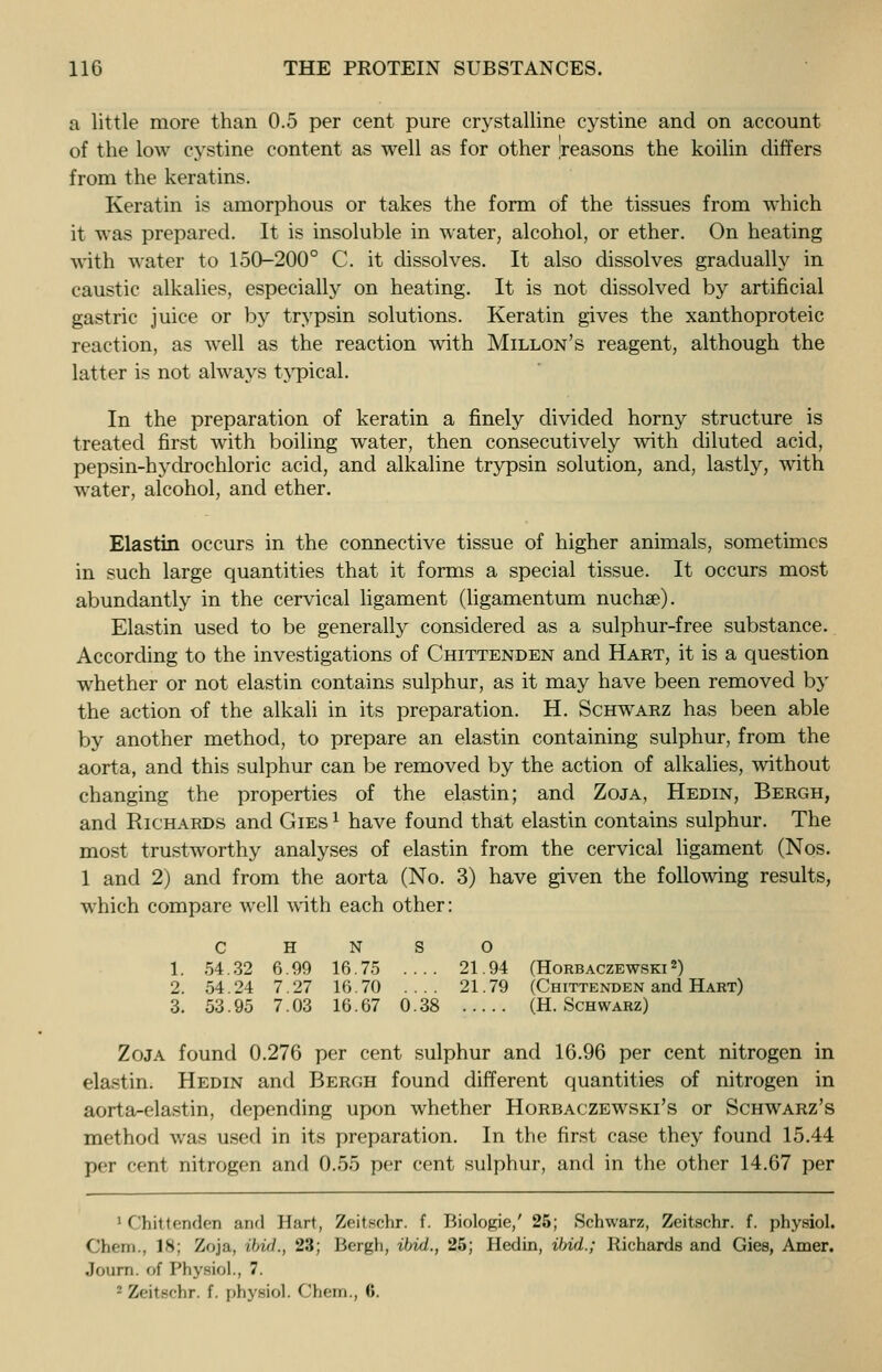a little more than 0.5 per cent pure crystalline cystine and on account of the low cystine content as well as for other reasons the koilin differs from the keratins. Keratin is amorphous or takes the form of the tissues from which it was prepared. It is insoluble in water, alcohol, or ether. On heating with water to 150-200° C. it dissolves. It also dissolves gradually in caustic alkalies, especially on heating. It is not dissolved by artificial gastric juice or by trypsin solutions. Keratin gives the xanthoproteic reaction, as well as the reaction with Millon's reagent, although the latter is not always typical. In the preparation of keratin a finely divided horny structure is treated first with boiling water, then consecutively with diluted acid, pepsin-hydrochloric acid, and alkaline trypsin solution, and, lastly, with water, alcohol, and ether. Elastin occurs in the connective tissue of higher animals, sometimes in such large quantities that it forms a special tissue. It occurs most abundantly in the cervical ligament (ligamentum nuchae). Elastin used to be generally considered as a sulphur-free substance. According to the investigations of Chittenden and Hart, it is a question whether or not elastin contains sulphur, as it may have been removed by the action of the alkali in its preparation. H. Schwarz has been able by another method, to prepare an elastin containing sulphur, from the aorta, and this sulphur can be removed by the action of alkalies, without changing the properties of the elastin; and Zoja, Hedin, Bergh, and Richards and Gies } have found that elastin contains sulphur. The most trustworthy analyses of elastin from the cervical ligament (Nos. 1 and 2) and from the aorta (No. 3) have given the following results, which compare well with each other: s o .... 21.94 (Horbaczewski 2) .... 21.79 (Chittenden and Hart) 0.38 (H. Schwarz) Zoja found 0.276 per cent sulphur and 16.96 per cent nitrogen in elastin. Hedin and Bergh found different quantities of nitrogen in aorta-elastin, depending upon whether Horbaczewski's or Schwarz's method was used in its preparation. In the first case they found 15.44 per cent nitrogen and 0.55 per cent sulphur, and in the other 14.67 per 1 Chittenden and Hart, Zeitechr. f. Biologie,' 25; Schwarz, Zeitschr. f. physiol. Chem., 18; Zoja, ibid., 2'.l; Bergh, ibid., 25; Hedin, ibid.; Richards and Gies, Amer. Journ. of Physiol., 7. 2 Zeitschr. f. physiol. Chem., 6. C H N 1. 54.32 6.99 16.75 2. 54.24 7.27 16.70 3. 53.95 7.03 16.67