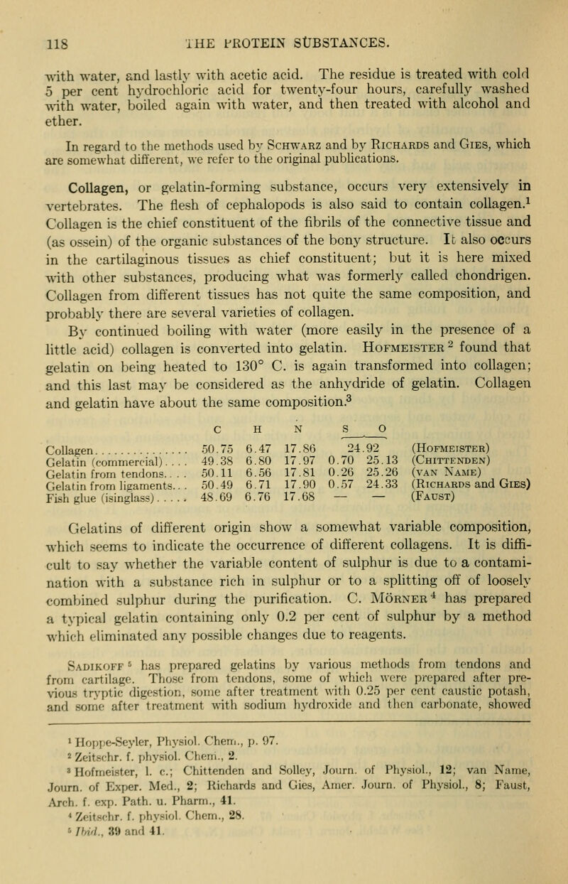 with water, and lastly with acetic acid. The residue is treated with cold 5 per cent hydrochloric acid for twenty-four hours, carefully washed with water, boiled again with water, and then treated with alcohol and ether. In regard to the methods used by Scrwarz and by Richards and Gies, which are somewhat different, we refer to the original publications. Collagen, or gelatin-forming substance, occurs very extensively in vertebrates. The flesh of cephalopods is also said to contain collagen.1 Collagen is the chief constituent of the fibrils of the connective tissue and (as ossein) of the organic substances of the bony structure. It also occurs in the cartilaginous tissues as chief constituent; but it is here mixed with other substances, producing what was formerly called chondrigen. Collagen from different tissues has not quite the same composition, and probably there are several varieties of collagen. By continued boiling with wrater (more easily in the presence of a little acid) collagen is converted into gelatin. Hofmeister2 found that gelatin on being heated to 130° C. is again transformed into collagen; and this last may be considered as the anhydride of gelatin. Collagen and gelatin have about the same composition.3 Collagen -50. 75 Gelatin (commercial).... 49.38 Gelatin from tendons.. . . 50.11 Gelatin from ligaments.. . 50.49 Fish glue (isinglass) 48.69 Gelatins of different origin show a somewhat variable composition, which seems to indicate the occurrence of different collagens. It is diffi- cult to say whether the variable content of sulphur is due to a contami- nation with a substance rich in sulphur or to a splitting off of loosely combined sulphur during the purification. C. Morner4 has prepared a typical gelatin containing only 0.2 per cent of sulphur by a method which eliminated any possible changes due to reagents. Sadikoff 5 has prepared gelatins by various methods from tendons and from cartilage. Those from tendons, some of which were prepared after pre- vious tryptic digestion, some after treatment with 0.25 per cent caustic potash, and some after treatment with sodium hydroxide and then carbonate, showed 6.47 17.86 24.92 (Hofmeister) 6.80 17.97 0.70 25.13 (Chittenden) 6.56 17.81 0.26 25.26 (van Name) 6.71 17.90 0. 57 24. 33 (Richards and Gies) 6.76 17.68 — — (Faust) 1 Hoppe-Seyler, Physiol. Chem., p. 97. 2 Zeitschr. f. physiol. Cheni., 2. a Hofmeister, 1. c; Chittenden and Solley, Journ. of Physiol., 12; van Name, Journ. of Exper. Med., 2; Richards and Gies, Amer. Journ. of Physiol., 8; Faust, Arch. f. exp. Path. u. Pharm., 41. 4 Zdtechr. f. physiol. Chem., 28. f Tbid., 89 and 41.