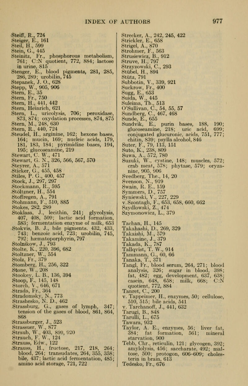 Steiff, R., 724 Steiger, E., 161 Steil, H., 599 Stein, G., 445 Steinitz, Fr., phosphorous metabolism, 701; C:N quotient, 772, 884; lactose in urine, 815 Stenger, E., blood pigments, 281, 285, 286,289; urobilin, 745 Stepanek, J. O., 628 Stepp, W., 905, 906 Stern, E., 35 Stern, Fr., 750 Stern, H., 441, 442 Stern, Heinrich, 621 Stern, L., uricolysis, 706; peroxidase, 873, 874; oxydation processes, 874, 875 Stern, M., 248, 630 Stern, R., 440, 724 Steudel, H., arginine, 162; hexone bases, 164; mucin, 169; nucleic acids, 179, 181, 183, 184; pyrimidine bases, 194, 195; glucoseamine, 219 Stewart, C. W., 471 Stewart, G. X., 326, 566, 567, 570 Steyrer, A., 571 Sticker, G., 455, 458 Stiles, P. G., 400, 457 Stock, J., 297, 297 Stockmann, R., 595 Stoltzner, H., 554 Stoft'regen, A., 791 Stohmann, F., 510, 885 Stokes, 282, 289 Stoklasa, J., lecithin, 241; glycolysis, 407, 408, 509; lactic acid formation, 583; fermentation enzyme of milk, 653 Stokvis, B. J., bile pigments. 432, 433, 743; benzoic acid, 723; urobilin, 745, 792; hannatoporphyrin, 797 Stolnikow, J., 793 Stolte, K., 220, 396, 682 Stoltzner, W., 554 Stolz, Fr., 379 Stomberg, H., 256, 322 Stone, W., 208 Stookev, L. B., 136, 394 Stoop, F., 145, 148 Starch, \ ., 646, 671 Strada, Fr., 364 Stradomskv, N., 773 Strashesko, N. D., 462 Strassburg, G., gases of lymph, 347; tension of the gases of blood, 861, 864, 868 Strassburger, J., 523 Strassuer, \Y., 877 Straub, W., 403, 89V), 920 Strauch, F. W\, 124 Strauss, Edw., 122 .Strauss, H., fructose, 217, 218, 264 blood, 264; transudates, 264, 355, 358 bile, 437; lactic acid fermentation, 485 amino acid storage, 721, 722 Strecker, A., 242,245, 422 Strickler, E., 658 Strigel, A., 870 Strohmer, F., 563 Strusiewicz, B., 912 Struve, H., 797 Strzyzowski, C., 293 Stubel, H., 894 Stutz, 791 Subbotin, V., 339, 921 Suckrow, Fr., 400 Sugg, E., 653 Suida, W., 445 Suleima, Th., 513 O'Sullivan, C., 54, 55, 57 Sundberg, C., 467, 468 Sunde, E., 655 Sundvik, E., purin bases, 188, 190 glucoseamine, 218; uric acid, 699 conjugated glucuronic, acids, 751, 777 chitin, 839; psylla alcohol, 846 Suter, F., 79, 113, 151 Suto, K., 238, 809 Suwa, A., 572, 780 Suzuki, \\\, cystine, 148; muscles, 572; crab meat, 578; phytase, 579; orvza- ninc, 905, 906 Svedberg, The., 14, 20 Svenson, N., 919 Swain, R. E., 159 Symmers, D., 757 Syniewski, V., 227, 229 v. Szontagh, F., 653, 658, 660, 662 Szydlowski, Z., 474 Szymonowicz, L., 379 Tachan, H., 145 Takahashi, D., 269, 329 Takaishi, M., 579 Takamine, J., 379 Takada, K., 787 Tallqvist, T. W., 914 Tammann, G., 60, 66 Tanaka, T., 371 Tangl, Fr., blood serum, 264, 271; blood analysis, 326; sugar in blood, 398; fat, 482; egg, development, 637, 638; casein, 648, 658; milk, 668; C:N quotient, 772, 884 Tanret, C., 200 v. Tappeimer, H., enzymes, 50; cellulose, 510, 515; bile acids, 541 v. Tarchanoff, J., 441, 632 Tarugi, B., 848 Tarulli, L., 675 Tawara, 932 Taylor, A. E., enzymes, 56; liver fat, 384; fat formation, 561; mineral starvation, 900 Tebb, Chr., reticulin, 121; glycogen, o!)2; amylolysis, 456; saecliarate, 492; mal- tose, 500; protogon, 606-609; choles- terin in brain, 613 Tedesko, Fr., 676