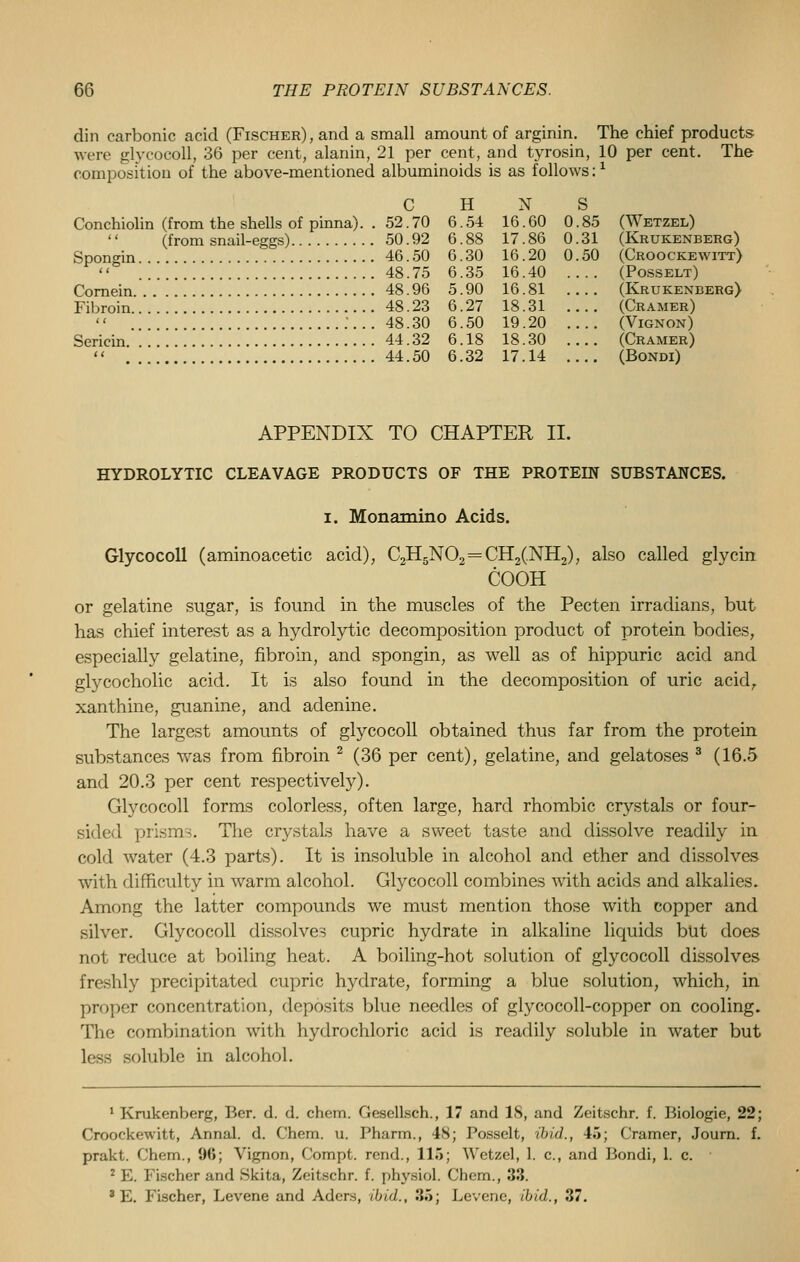 din carbonic acid (Fischer), and a small amount of arginin. The chief products were glycocoll, 36 per cent, alanin, 21 per cent, and tyrosin, 10 per cent. The composition of the above-mentioned albuminoids is as follows:1 C H N Conchiolin (from the shells of pinna). . 52.70 6.54 16.60 (from snail-eggs) 50.92 6.88 17.86 Spongin 46.50 6.30 16.20 48.75 6.35 16.40 Cornein 48.96 5.90 16.81 Fibroin 48.23 6.27 18.31  .'...48.30 6.50 19.20 Sericin 44.32 6.18 18.30 44.50 6.32 17.14 S 0.85 0.31 0.50 (Wetzel) (Krukenberg) (Croockewitt) (Posselt) (Krukenberg) (Cramer) (Vignon) (Cramer) (BONDl) APPENDIX TO CHAPTER II. HYDROLYTIC CLEAVAGE PRODUCTS OF THE PROTEIN SUBSTANCES. i. Monamino Acids. Glycocoll (aminoacetic acid), C2H5N02=CH2(.NH2), also called glycin COOH or gelatine sugar, is found in the muscles of the Pecten irradians, but has chief interest as a hydrolytic decomposition product of protein bodies, especially gelatine, fibroin, and spongin, as well as of hippuric acid and glycocholic acid. It is also found in the decomposition of uric acid, xanthine, guanine, and adenine. The largest amounts of glycocoll obtained thus far from the protein substances was from fibroin 2 (36 per cent), gelatine, and gelatoses 3 (16.5 and 20.3 per cent respectively). Glycocoll forms colorless, often large, hard rhombic crystals or four- sided prisms. The crystals have a sweet taste and dissolve readily in cold water (4.3 parts). It is insoluble in alcohol and ether and dissolves with difficulty in warm alcohol. Glycocoll combines with acids and alkalies. Among the latter compounds we must mention those with copper and silver. Glycocoll dissolves cupric hydrate in alkaline liquids but does not reduce at boiling heat. A boiling-hot solution of glycocoll dissolves freshly precipitated cupric hydrate, forming a blue solution, which, in proper concentration, deposits blue needles of glycocoll-copper on cooling. The combination with hydrochloric acid is readily soluble in water but less soluble in alcohol. 1 Krukenberg, Ber. d. d. chem. Gesellsch., 17 and IS, and Zeitschr. f. Biologie, 22; Croockewitt, Annal. d. Chem. u. Pharm., 48; Posselt, ibid., 45; Cramer, Journ. f. prakt. Chem., 90; Vignon, Compt. rend., 115; Wetzel, 1. c, and Bondi, 1. c. 2 E. Fischer and Skita, Zeitschr. f. physiol. Chem., 33. 3 E. Fischer, Levene and Aders, ibid., 35; Levenc, ibid., 37.