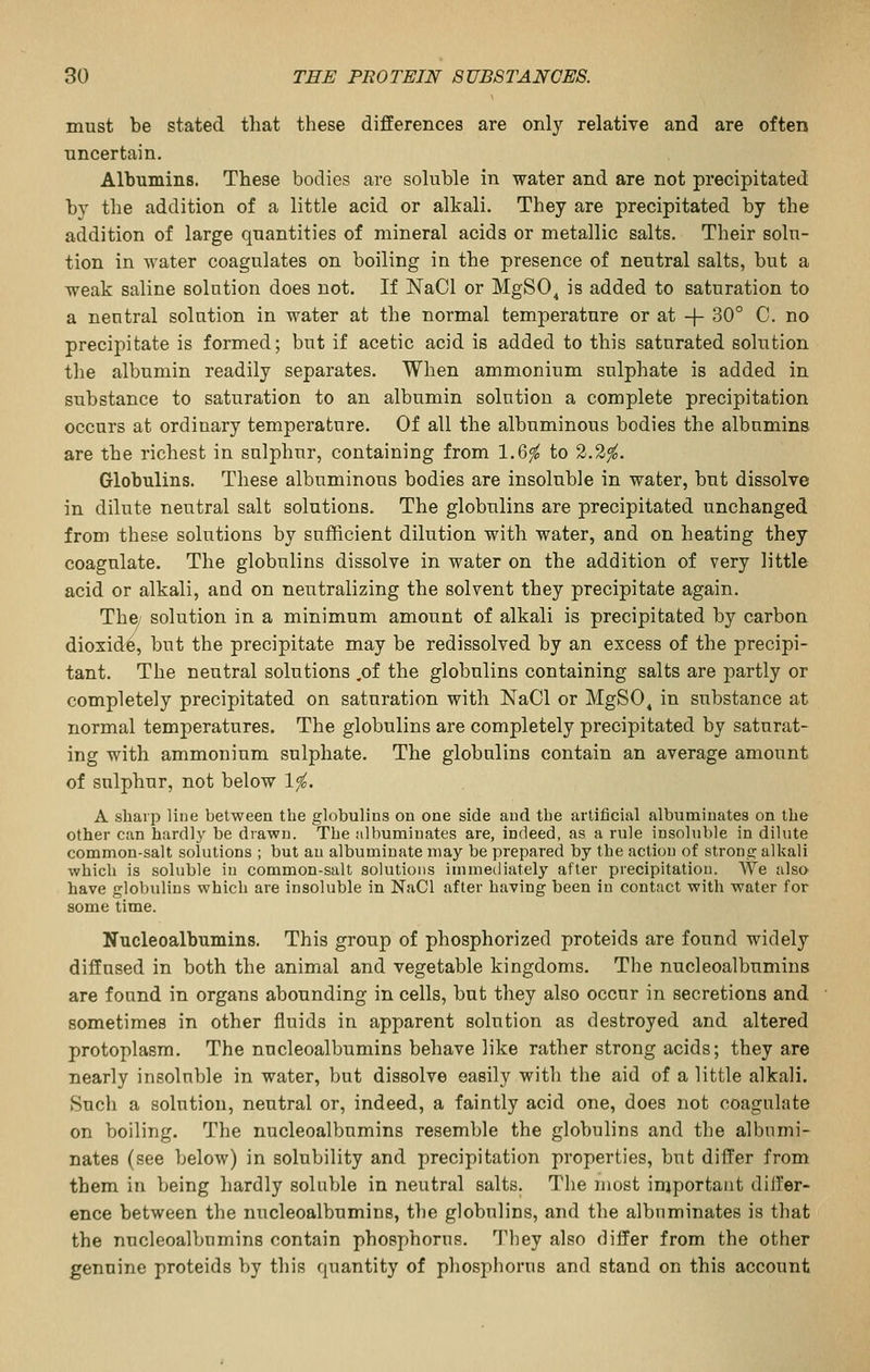 must be stated that these differences are only relative and are often uncertain. Albumins. These bodies are soluble in water and are not precipitated by the addition of a little acid or alkali. They are precipitated by the addition of large quantities of mineral acids or metallic salts. Their solu- tion in water coagulates on boiling in the presence of neutral salts, but a weak saline solution does not. If NaCl or MgSO^ is added to saturation to a neutral solution in water at the normal temperature or at -f 30° C. no precipitate is formed; but if acetic acid is added to this saturated solution the albumin readily separates. When ammonium sulphate is added in substance to saturation to an albumin solution a complete precipitation occurs at ordinary temperature. Of all the albuminous bodies the albumins are the richest in sulphur, containing from 1.6^ to 2.2^. Globulins. These albuminous bodies are insoluble in water, but dissolve in dilute neutral salt solutions. The globulins are precipitated unchanged from these solutions by sufficient dilution with water, and on heating they coagulate. The globulins dissolve in water on the addition of very little acid or alkali, and on neutralizing the solvent they precipitate again. The/ solution in a minimum amount of alkali is precipitated by carbon dioxide, but the precipitate may be redissolved by an excess of the precipi- tant. The neutral solutions .of the globulins containing salts are partly or completely precipitated on saturation with NaCl or MgSO^ in substance at normal temperatures. The globulins are completely precipitated by saturat- ing with ammonium sulphate. The globulins contain an average amount of sulphur, not below Ifo. A sharp line between the globulins on one side and the artificial albuminates on the other can hardly be drawn. The albuminates are, indeed, as a rule insoluble in dilute common-salt solutions ; but an albuminate may be prepared by the action of strong alkali which is soluble in common-salt solutions immediately after precipitatiou. We also have globulins which are insoluble in NaCl after having been in contact with water for some time. Nucleoalbumins. This group of phosphorized proteids are found widely diffused in both the animal and vegetable kingdoms. The nucleoalbumins are found in organs abounding in cells, but they also occur in secretions and sometimes in other fluids in apparent solution as destroyed and altered protoplasm. The nucleoalbumins behave like rather strong acids; they are nearly insoluble in water, but dissolve easily with the aid of a little alkali. Such a solution, neutral or, indeed, a faintly acid one, does not coagulate on boiling. The nucleoalbumins resemble the globulins and the albumi- nates (see below) in solubility and precipitation properties, but differ from them in being hardly soluble in neutral salts. The most important differ- ence between the nucleoalbumins, the globulins, and the albuminates is that the nucleoalbumins contain phosphorus. They also differ from the other genuine proteids by this quantity of phosphorus and stand on this account