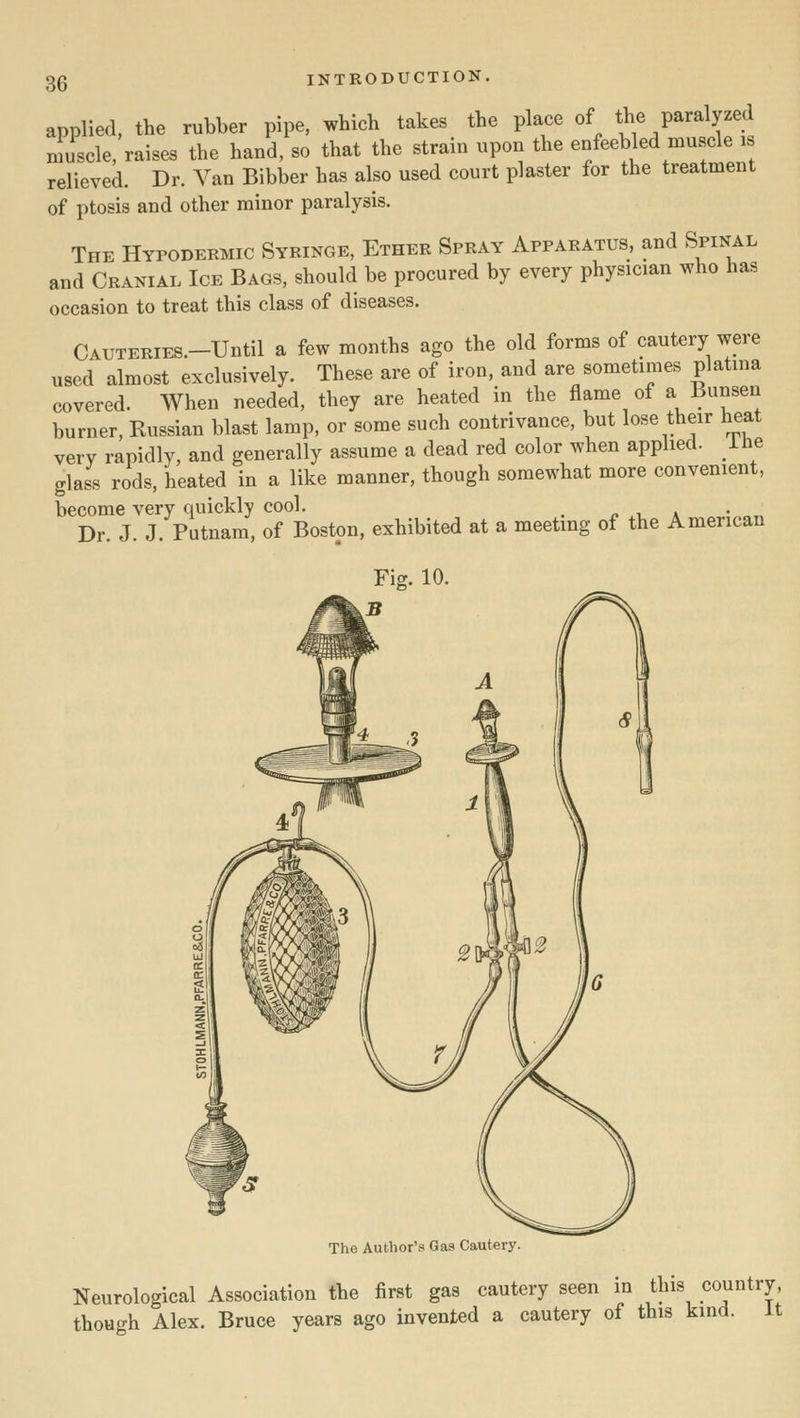 applied, the rubber pipe, which takes the place of the paralyze Iscle, raises the hand, so that the strain upon the enfeebled muscle i relieved. Dr. Van Bibber has also used court plaster for the treatment of ptosis and other minor paralysis. The Hypodermic Syringe, Ether Spray Apparatus, and Spinal and Cranial Ice Bags, should be procured by every physician who has occasion to treat this class of diseases. CAUTERiES.-Until a few months ago the old forms of cautery were used almost exclusively. These are of iron, and are sometimes platma covered. When needed, they are heated in the flame of a Bunsen burner, Russian blast lamp, or some such contrivance, but lose their heat very rapidly, and generally assume a dead red color when applied, ihe glass rods, heated in a like manner, though somewhat more convenient, become very quickly cool. ^ ^ ,, a • ^ Dr. J. J. Putnam, of Boston, exhibited at a meeting of the American Fig. 10. The Author's Gas Cautery. Neurological Association the first gas cautery seen in this country, though Alex. Bruce years ago invented a cautery of this kind, it