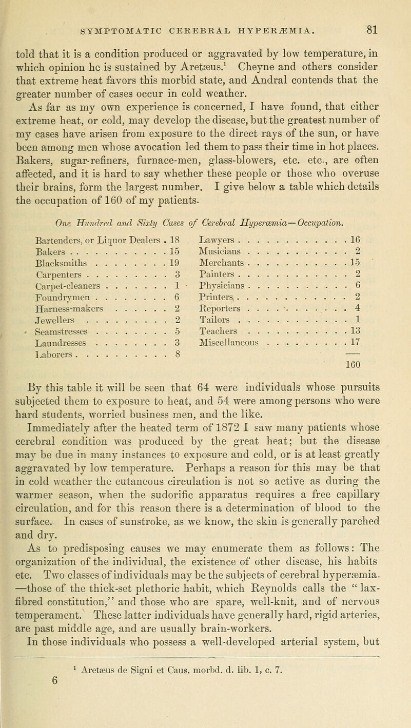 told tliat it is a condition produced or aggravated by low temperature, in whicli opinion he is sustained by Aretseus/ Cheyne and others consider that extreme heat favors this morbid state, and Andral contends that the greater number of cases occur in cold weather. As far as my own experience is concerned, I have found, that either extreme heat, or cold, may develop the disease, but the greatest number of my cases have arisen from exposure to the direct rays of the sun, or have been among men whose avocation led them to pass their time in hot places. Bakers, sugar-refiners, furnace-men, glass-blowers, etc. etc, are often affected, and it is hard to say whether these people or those who overuse their brains, form the largest number. I give below a table which details the occupation of 160 of my patients. One Hundred and Sixty Cases of Cerebral Hypercemia—Occupation. Bartenders, or Lic[uor Dealers . 18 Lawyers 16 Bakers 15 Masicians 2 Blacksmiths 19 Merchants 15 Carpenters 3 Paintei-s 2 Carpet-cleaners 1 ■ Physicians 6 Foundrymen 6 Printers, 2 Harness-makers 2 Reporters ........... 4 Jewellers 2 Tailors 1 ' Seamstresses 5 Teachers 13 Laundresses 3 Miscellaneous 17 Laborers 8 160 By this table it will be seen that 64 were individuals whose pursuits subjected them to exposure to heat, and 54 were among persons who were hard students, worried business men, and the like. Immediately after the heated term of 1872 I saw many patients whose cerebral condition was produced by the great heat; but the disease may be due in many instances to exposure and cold, or is at least greatly aggravated by low temperature. Perhaps a reason for this may be that in cold weather the cutaneous circulation is not so active as during the warmer season, when the sudorific apparatus requires a free capillary circulation, and for this reason there is a determination of blood to the surface. In cases of sunstroke, as we know, the skin is generally parched and dry. As to predisposing causes we may enumerate them as follows: The organization of the individual, the existence of other disease, his habits etc. Two classes of individuals may be the subjects of cerebral hypersemia. —those of the thick-set plethoric habit, which Reynolds calls the  lax- fibred constitution, and those who are spare, well-knit, and of nervous temperament. These latter individuals have generally hard, rigid arteries, are past middle age, and are usually brain-workers. In those individuals who possess a well-developed arterial system, but ^ Aretseus de Signi et Caus. morbd. d. lib. 1, c. 7.