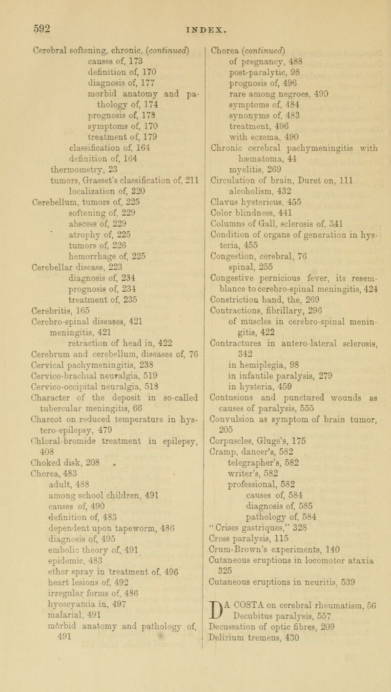 Cerebral softening, chronic, {continued) causes of, 173 definition of, 170 diagnosis of, 177 morbid anatomy and pa- thology of, 174 prognosis of, 178 8}'raptoms of, 170 treatment of, 179 classification of, 161 definition of, 164 thermometry, 23 tumors, Gragset's classification of, 211 localization of, 220 Cerebellum, tumors of, 225 softening of, 229 abscess of, 229 atrophy of, 225 tumors of, 226 hemorrhage of, 225 Cerebellar disease, 223 diagnosis of, 234 prognosis of, 234 treatment of, 235 Cerebritis, 165 Cerebro-spinal diseases, 421 meningitis, 421 retraction of head in, 422 Cerebrum and cerebellum, diseases of, 76 Cervical pachymeningitis, 238 Cervico-brachial neuralgia, 519 Cervico-occipital neuralgia, 518 Character of the deposit in so-called tubercular meningitis, 66 Charcot on reduced temperature in hys- tero-epilepsy, 479 Chloral-bromide treatment in epilepsy, 408 Choked disk, 208 . Chorea, 483 adult, 488 among school children, 491 causes of, 490 definition of, 483 dependent upon tapeworm, 486 diagnosis of, 495 embolic theory of, 491 epidemic, 483 ether spray in treatment of, 496 heart lesions of, 492 irregular forms of, 486 hyoscyamia in, 497 malarial, 491 m6rbid anatomy and pathologv of, 491 Chorea (continued) of pregnancy, 488 post-paralytic, 98 prognosis of, 496 rare among negroes, 490 symptoms of, 484 synonyms of, 483 treatment, 496 with eczema, 490 Chronic cerebral pachymeningitis with haematoma, 44 myelitis, 269 Circulation of brain, Duret on, 111 alcoholism, 432 Clavus hystericus, 455 Color blindness, 441 Columns of Gall, sclerosis of, 341 Condition of organs of generation in hys- teria, 455 Congestion, cerebral, 76 spinal, 255 Congestive pernicious fever, its resem- blance to cerebro-spinal meningitis, 424 Constriction band, the, 269 Contractions, fibrillary, 296 of muscles in cerebro-spinal menin- gitis, 422 Contractures in antero-lateral sclerosis, 342 in hemiplegia, 98 in infantile paralysis, 279 in hysteria, 459 Contusions and punctured wounds as causes of paralysis, 555 Convulsion as symptom of brain tumor, 205 Corpuscles, Gluge's, 175 Cramp, dancer's, 582 telegrapher's, 582 writer's, 582 professional, 582 causes of, 584 diagnosis of, 585 pathology of, 584  Crises gastriques, 328 Cross paralysis, 115 Crum-Brown's experiments, 140 Cutaneous eruptions iii locomotor ataxia 325 Cutaneous eruptions in neuritis, 539 DA COSTA on cerebral rheumatism, 50 Decubitus paralysis, 557 Decussation of optic fibres, 209 Delirium tremens, 430