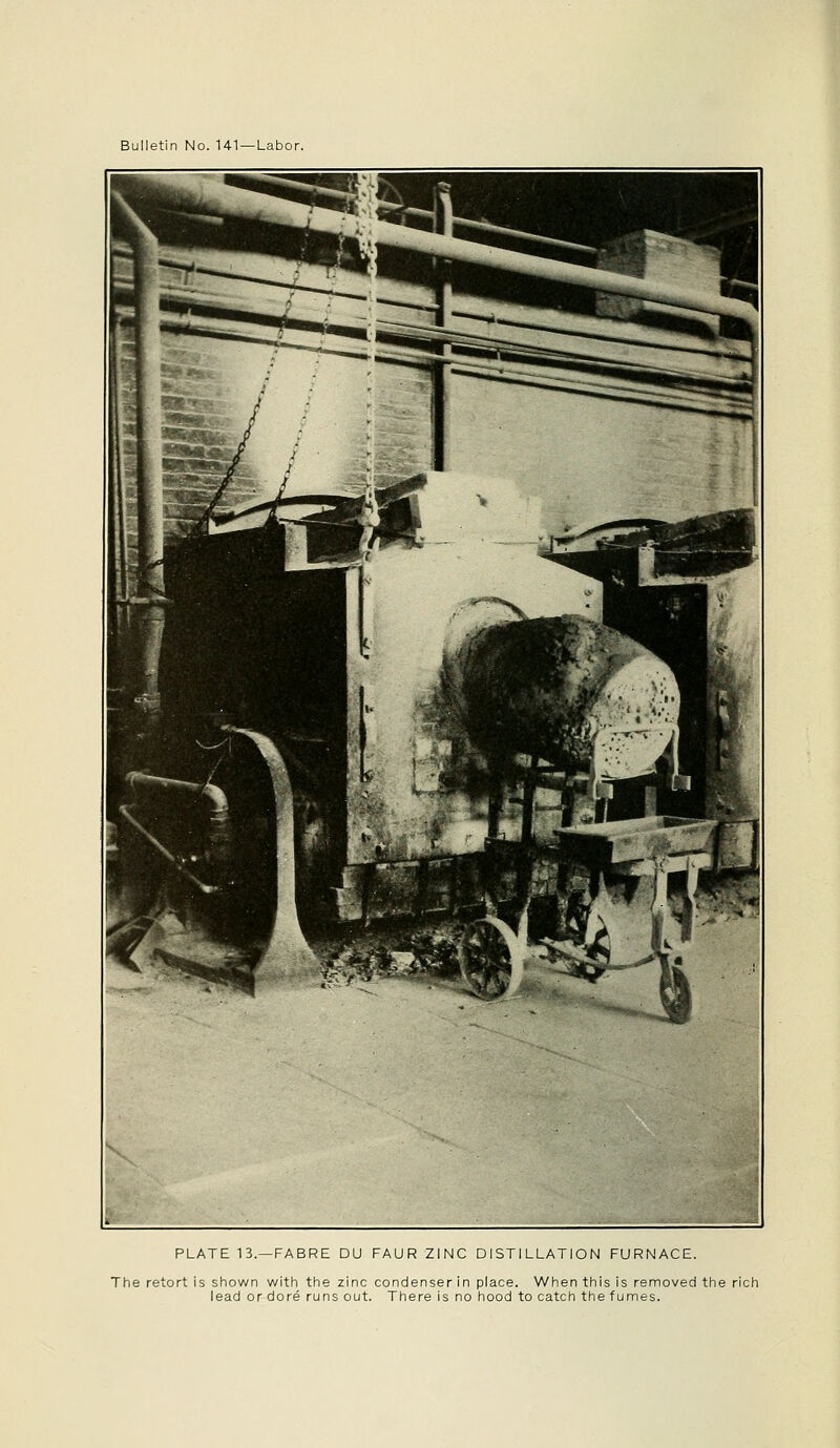 PLATE 13.—FABRE DU FAURZINC DISTILLATION FURNACE. The retort is shown with the zinc condenser in place. When this is removed the rich lead or dore runs out. There is no hood to catch the fumes.