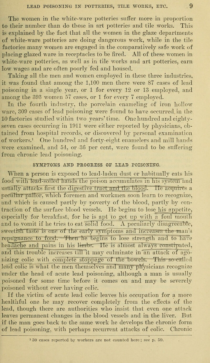 The women in the white-ware potteries suffer more in proportion to their number than do those in art potteries and tile works. This is explained by the fact that all the women in the glaze departments of white-ware potteries are doing dangerous work, while in the tile factories many women are engaged in the comparatively safe work of placing glazed ware in receptacles to be fired. All of these women in white-ware potteries, as well as in tile works and art potteries, earn low wages and are often poorly fed and housed. Taking all the men and women employed in these three industries, it was found that among the 1,100 men there were 87 cases of lead poisoning in a single year, or 1 for every 12 or 13 employed, and among the 393 women 57 cases, or 1 for every 7 employed. In the fourth industry, the porcelain enameling of iron hollow ware, 309 cases of lead poisoning were found to have occurred, in the 10 factories studied within two years' time. One hundred and eighty- seven cases occurring in 1911 were either reported by physicians, ob- tained from hospital records, or discovered by personal examination of workers.1 One hundred and forty-eight enamelers and mill hands were examined, and 54, or 36 per cent, were found to be suffering from chronic lead poisoning. SYMPTOMS AND PPOGEESS OP LEAD POISONING. When a person is exposed to lead-laden dust or habitually eats his food with lead-soiled handsthe poison accumulates in his system and usually attacks first the digestive tract and the blood. He acquires a peculiar Trailer, which foremen and workmen soon learn to recognize, and which is caused partly by poverty of the blood, partly by con- traction of the surface blood vessels. He begins to lose his appetite, especially for breakfast, for he is apt to get up with a foul month and to vomit if he tries to eat solid food. A peculiarly disagreeable, sweetislrtaste is one of the early symptoms and increases the man's repugnance to .food. Then he begins to lose strength and to hare headache and pains in his limbsr He is almost always constipated, and this trouble increases till it may culminate in an attack oFago- nizing colic with complete stoppage of the bowels. This so-ca'lled lead colic is what the men themselves and niany physicians recognize under the head of acute lead poisoning, although a man is usually poisoned for some time before it comes on and may be severely poisoned without ever having colic. If the victim of acute lead colic leaves his occupation for a more healthful one he may recover completely from the effects of the lead, though there are authorities who insist that even one attack leaves permanent changes in the blood vessels and in the liver. But if the man goes back to the same work he develops the chronic form of lead poisoning, with perhaps recurrent attacks of colic. Chronic 1 30 cases reported by workers are not counted here ; see p. 59.