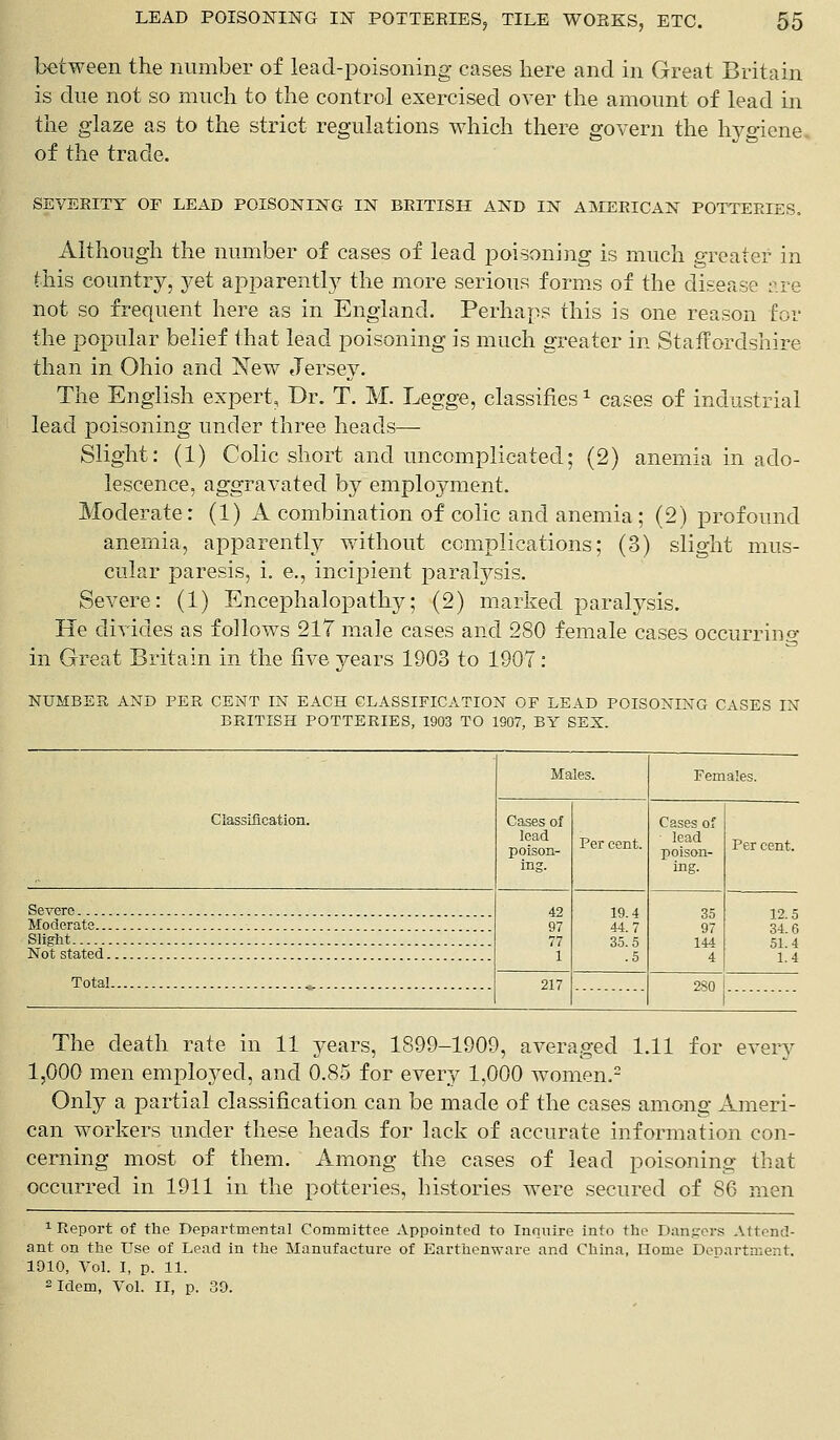 between the number of lead-poisoning cases here and in Great Britain is due not so much to the control exercised over the amount of lead in the glaze as to the strict regulations which there govern the hygiene of the trade. SEVEEITY OF LEAD POISONING IN BRITISH AND IN AMERICAN POTTERIES, Although the number of cases of lead poisoning is much greater in this country, yet apparently the more serious forms of the disease are not so frequent here as in England. Perhaps this is one reason for the popular belief that lead poisoning is much greater in Staffordshire than in Ohio and New Jersey. The English expert. Dr. T. M. Legge, classifiesx cases of industrial lead poisoning under three heads— Slight: (1) Colic short and uncomplicated; (2) anemia in ado- lescence, aggravated by employment. Moderate: (1) A combination of colic and anemia ; (2) profound anemia, apparently without complications; (3) slight mus- cular paresis, i. e., incipient paralysis. Severe: (1) Encephalopathy; (2) marked paralysis. He divides as follows 217 male cases and 280 female cases occurring in Great Britain in the five years 1903 to 1907: NUMBER AND PER CENT IN EACH CLASSIFICATION OF LEAD POISONING CASES IN BRITISH POTTERIES, 1903 TO 1907, BY SEX. Males. Females. Classification. Cases of lead poison- ing. Per cent. Cases of • lead poison- ing. Per cent. Severe 42 97 77 1 19.4 44.7 35.5 .5 35 97 144 4 12.5 34.6 51.4 1.4 Moderate Slight Not stated Total , 217 280 The death rate in 11 years, 1899-1909, averaged 1.11 for every 1,000 men employed, and 0.85 for every 1,000 women.2 Only a partial classification can be made of the cases among Ameri- can workers under these heads for lack of accurate information con- cerning most of them. Among the cases of lead poisoning that occurred in 1911 in the potteries, histories were secured of 86 men 1 Report of the Departmental Committee Appointed to Inquire into the Dangers Attend- ant on the Use of Lead in the Manufacture of Earthenware and China, Home Department. 1910, Vol. I, p. 11. 2 Idem, Vol. II, p. 39.