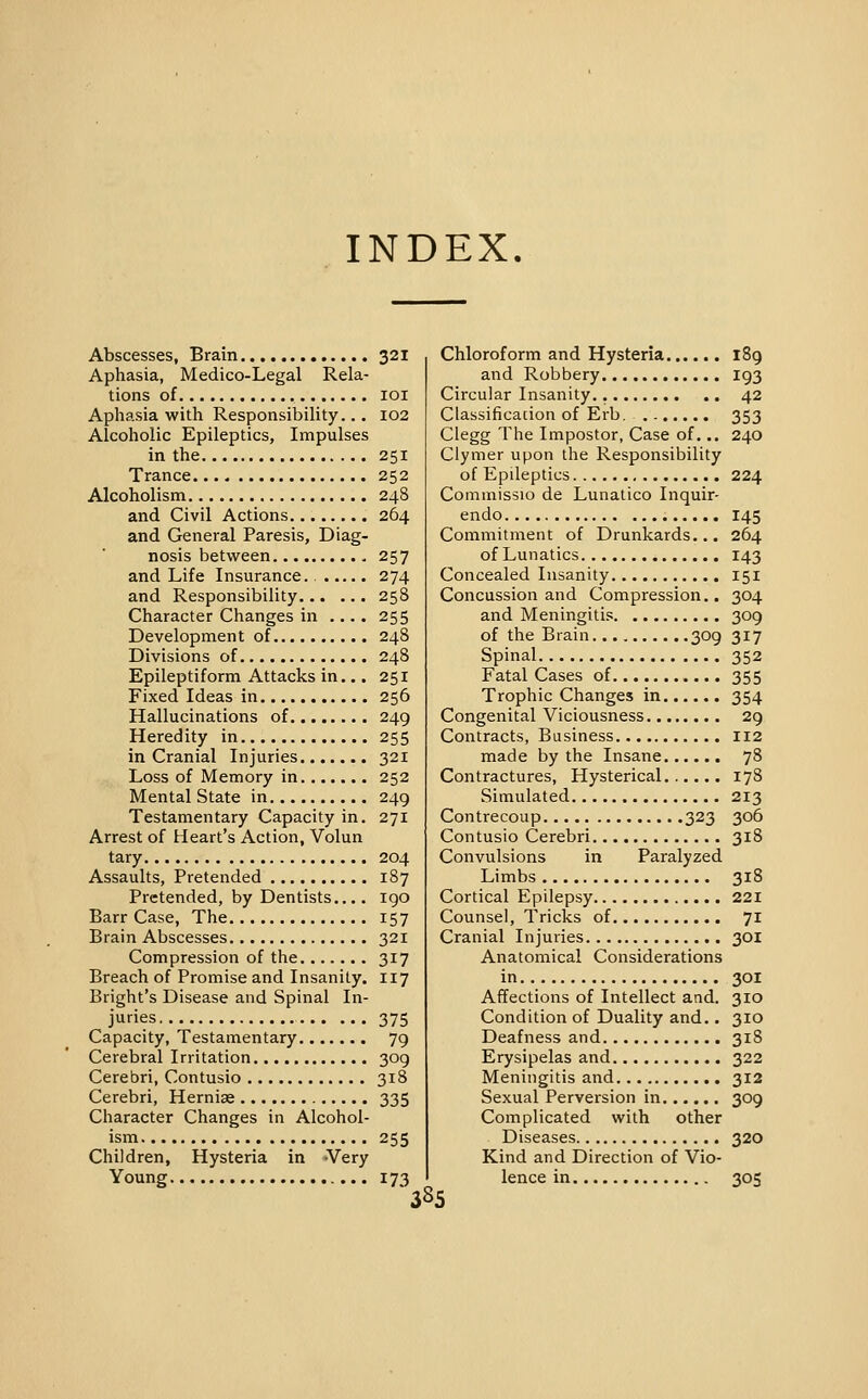 INDEX. Abscesses, Brain 321 Aphasia, Medico-Legal Rela- tions of , lOI Aphasia with Responsibility... 102 Alcoholic Epileptics, Impulses in the 251 Trance 252 Alcoholism 248 and Civil Actions 264 and General Paresis, Diag- nosis between 257 and Life Insurance.. 274 and Responsibility 258 Character Changes in .... 255 Development of 248 Divisions of 248 Epileptiform Attacks in... 251 Fixed Ideas in 256 Hallucinations of 249 Heredity in 255 in Cranial Injuries 321 Loss of Memory in 252 Mental State in 249 Testamentary Capacity in. 271 Arrest of Heart's Action, Volun tary 204 Assaults, Pretended 187 Pretended, by Dentists.... 190 Barr Case, The 157 Brain Abscesses 321 Compression of the 317 Breach of Promise and Insanity. 117 Bright's Disease and Spinal In- juries 375 Capacity, Testamentary 79 Cerebral Irritation 309 Cerebri, Contusio 318 Cerebri, Herniae 335 Character Changes in Alcohol- ism 255 Children, Hysteria in -Very Young 173 385 Chloroform and Hysteria 189 and Robbery 193 Circular Insanity. 42 Classification of Erb, 353 Clegg The Impostor, Case of... 240 Clymer upon the Responsibility of Epileptics 224 Commissio de Lunatico Inquir- endo 145 Commitment of Drunkards... 264 of Lunatics 143 Concealed Insanity 151 Concussion and Compression.. 304 and Meningitis 309 of the Brain 309 317 Spinal 352 Fatal Cases of 355 Trophic Changes in 354 Congenital Viciousness 29 Contracts, Business 112 made by the Insane 78 Contractures, Hysterical 178 Simulated 213 Contrecoup 323 306 Contusio Cerebri 318 Convulsions in Paralyzed Limbs 318 Cortical Epilepsy 221 Counsel, Tricks of 71 Cranial Injuries 301 Anatomical Considerations in 301 Affections of Intellect and. 310 Condition of Duality and.. 310 Deafness and 318 Erysipelas and 322 Meningitis and 312 Sexual Perversion in 309 Complicated with other Diseases 320 Kind and Direction of Vio- lence in 305