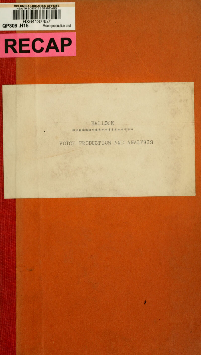 COLUMBIA UBRARIES OFFSITE HEALTH SCIENCES STANDARD I8!BHI HX64137457 QP306 .H15 Voice production and RECAP HALLiDCK VOIC. - ...DUCTION AND ANALYSIS