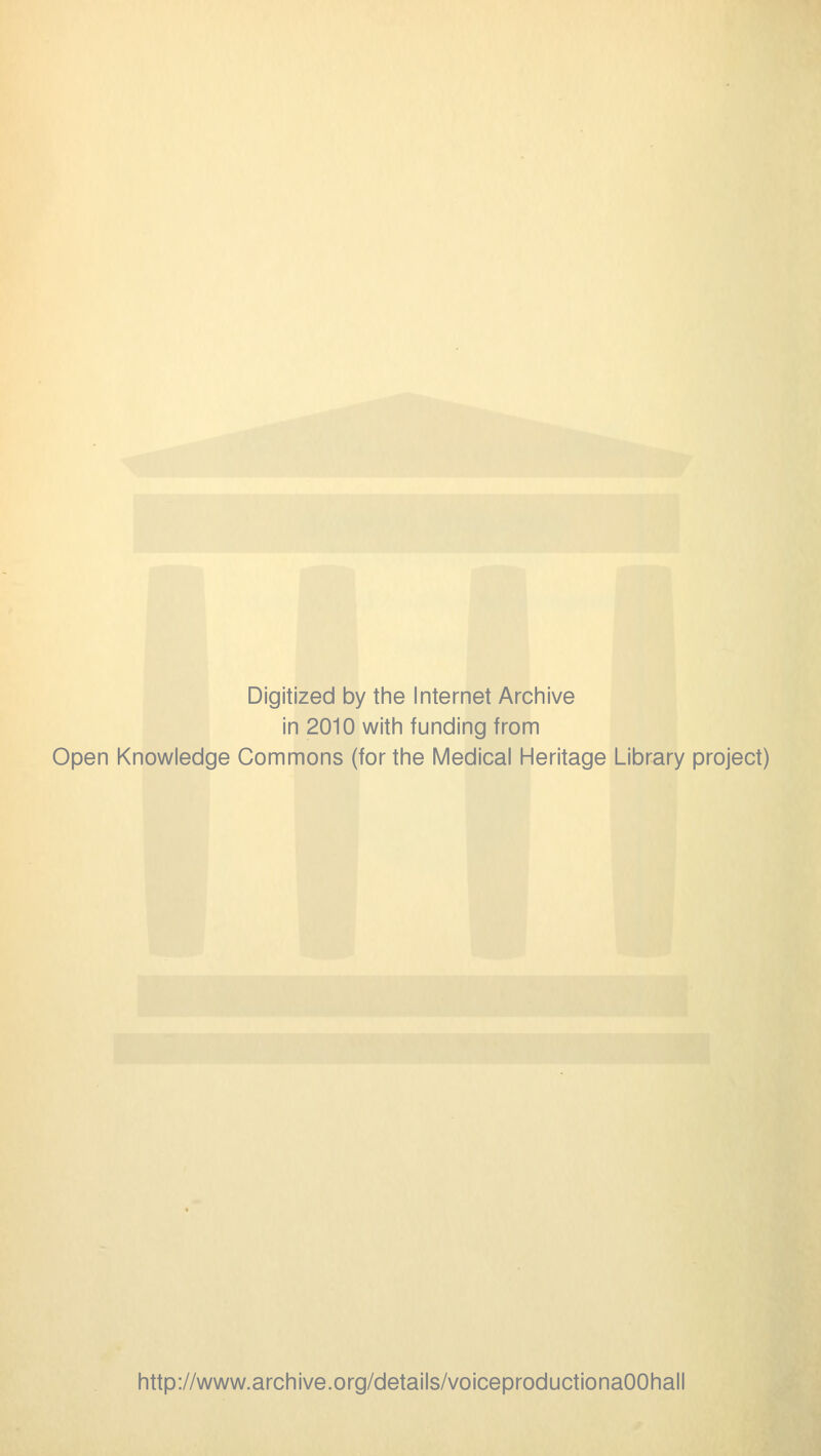 Digitized by the Internet Archive in 2010 with funding from Open Knowledge Commons (for the Medical Heritage Library project) http://www.archive.org/details/voiceproductionaOOhall