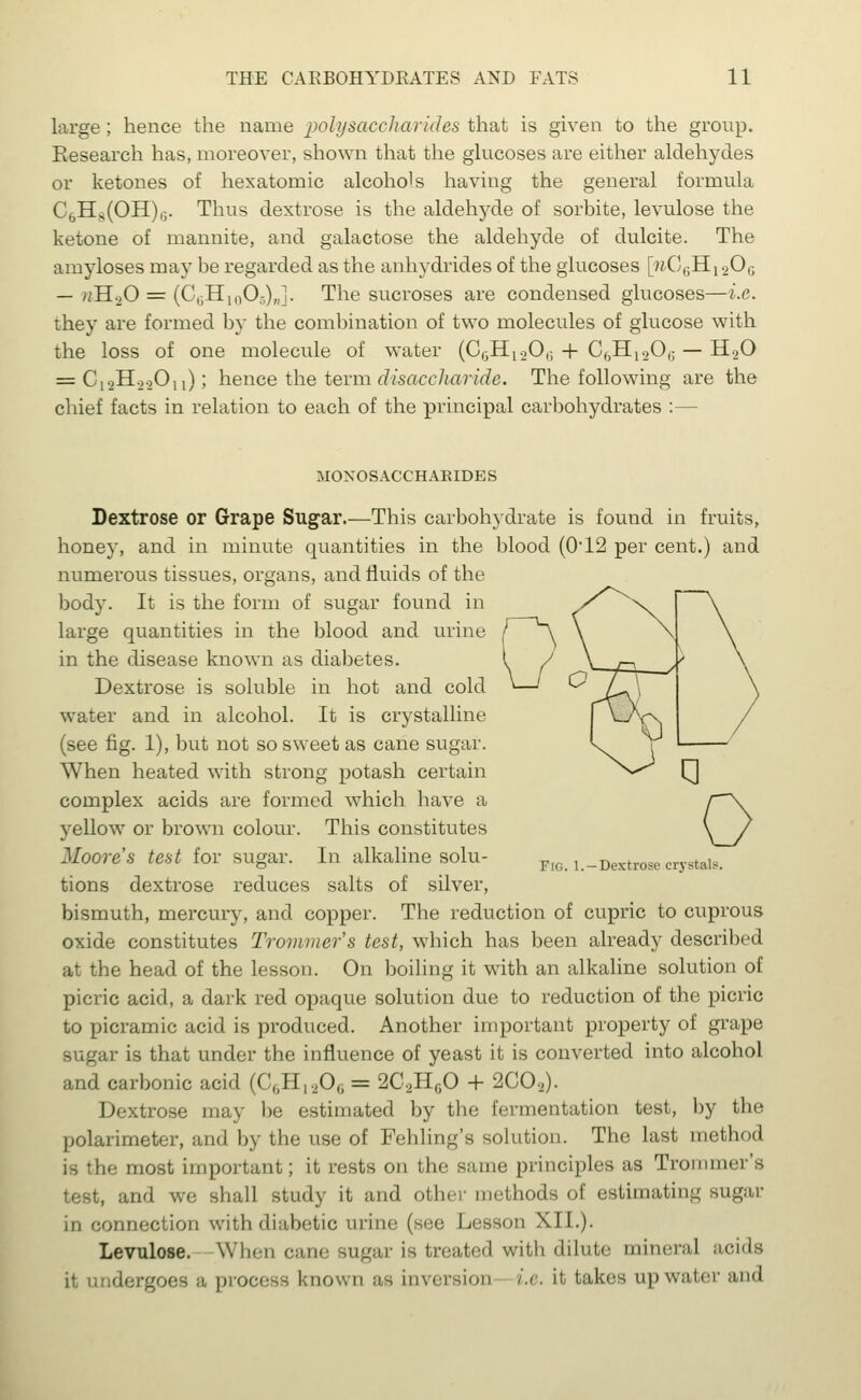 large ; hence the name 'polysaccharides that is given to the group. Research has, moreover, shown that the glucoses are either aldehydes or ketones of hexatomic alcohols having the general formula C6H8(OH),j. Thus dextrose is the aldehyde of sorbite, levulose the ketone of mannite, and galactose the aldehyde of dulcite. The amyloses may be regarded as the anhydrides of the glucoses [»G6H, 20G — »H.20 = (C0H,nO^),,]. The sucroses are condensed glucoses—i.e. they are formed by the combination of two molecules of glucose with the loss of one molecule of water (CGH120G + C6H120G — H20 = C12H22Ou); hence the term disaccharide. The following are the chief facts in relation to each of the principal carbohydrates :— Pig. I.—Dextrose .crystals MONOSACCHARIDES Dextrose or Grape Sugar.—This carbohydrate is found in fruits, honey, and in minute quantities in the blood (012 per cent.) and numerous tissues, organs, and fluids of the body. It is the form of sugar found in large quantities in the blood and urine in the disease known as diabetes. Dextrose is soluble in hot and cold water and in alcohol. It is crystalline (see fig. 1), but not so sweet as cane sugar. When heated with strong potash certain complex acids are formed which have a yellow or brown colour. This constitutes Moore s test for sugar. In alkaline solu- tions dextrose reduces salts of silver, bismuth, mercury, and copper. The reduction of cupric to cuprous oxide constitutes Trommer's test, which has been already described at the head of the lesson. On boiling it with an alkaline solution of picric acid, a dark red opaque solution due to reduction of the picric to picramic acid is produced. Another important property of grape sugar is that under the influence of yeast it is converted into alcohol and carbonic acid (C6H12Ofl = 2C2HG0 + 2C0,). Dextrose may be estimated by the fermentation test, by the polarimeter, and by the use of Fehling's solution. The last method is the most important; it rests on the same principles as Trommer's test, and we shall study it and other methods of estimating sugar in connection with diabetic urine (see Lesson XII.). Levulose. When cane sugar is treated with dilute mineral aeids it undergoes a process known as inversion /'.'■. it takes upwater ami