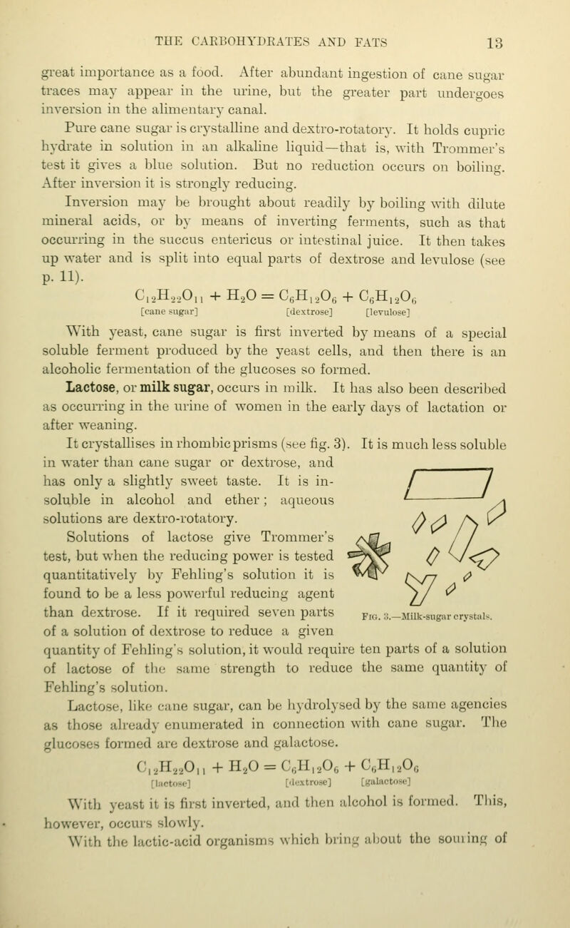 great importance as a food. After abundant ingestion of cane sugar traces may appear in the urine, but the greater part undergoes inversion in the alimentary canal. Pure cane sugar is crystalline and dextro-rotatory. It holds cupric hydrate in solution in an alkaline liquid—that is, with Trommer's test it gives a blue solution. But no reduction occurs on boiling. After inversion it is strongly reducing. Inversion may be brought about readily by boiling with dilute mineral acids, or by means of inverting ferments, such as that occurring in the succus entericus or intestinal juice. It then takes up water and is split into equal parts of dextrose and levulose (see p. 11). Cl2H„On + H20 = C6H1206 + C6H120„ [cane sugar] [dextrose] [levulose] With yeast, cane sugar is first inverted by means of a special soluble ferment produced by the yeast cells, and then there is an alcoholic fermentation of the glucoses so formed. Lactose, or milk sugar, occurs in milk. It has also been described as occurring in the urine of women in the early days of lactation or after weaning. It crystallises in rhombic prisms (see fig. 3). It is much less soluble in water than cane sugar or dextrose, and has only a slightly sweet taste. It is in- soluble in alcohol and ether; aqueous solutions are dextro-rotatory. Solutions of lactose give Trommer's test, but when the reducing power is tested quantitatively by Fehling's solution it is found to be a less powerful reducing agent than dextrose. If it required seven parts of a solution of dextrose to reduce a given quantity of Fehling's solution, it would require ten parts of a solution of lactose of the same strength to reduce the same quantity of Fehling's solution. Lactose, like cane sugar, can be hydrolysed by the same agencies as those already enumerated in connection with cane sugar. The glucoses formed are dextrose and galactose. C,,H22On + H20 = C6H1206 + C6H,a06 [l».-t. [dextnwe] With yeast it is fust inverted, and then alcohol is formed. This, however, occurs slowly. With the lactic-acid organisms which bring about the souring of / / Milk-sugar orystals.
