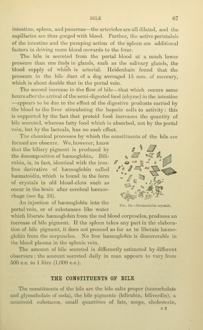 intestine, spleen, and pancreas—the arterioles are all dilated, and the capillaries are thus gorged with blood. Further, the active peristalsis of the intestine and the pumping action of the spleen are additional factors in driving more blood onwards to the liver. The bile is secreted from the portal blood at a much lower pressure than one finds in glands, such as the salivary glands, the blood supply of which is arterial. Heidenhain found that the pressure in the bile duct of a dog averaged 15 mm. of mercury, which is about double that in the portal vein. The second increase in the flow of bile—that which occurs some hours after the arrival of the semi-digested food (chyme) in the intestine —appears to be due to the effect of the digestive products carried by the blood to the liver stimulating the hepatic cells to activity; this is supported by the fact that proteid food increases the quantity of bile secreted, whereas fatty food which is absorbed, not by the portal vein, but by the lacteals, has no such effect. The chemical processes by which the constituents of the bile are formed are obscure. We, however, know that the biliary pigment is produced by the decomposition of haemoglobin. Bili- rubin, is, in fact, identical with the iron- free derivative of haemoglobin called haematoidin, which is found in the form of crystals in old blood-clots such as occur in the brain after cerebral haemor- rhage (see fig. 24). An injection of haemoglobin into the * ° _ Pig. 24.—Haematoidin crystals. portal vein, or of substances like water which liberate haemoglobin from the red blood corpuscles, produces an increase of bile pigment. If the spleen takes any part in the elabora- tion of bile pigment, it does not proceed so far as to liberate haemo- globin from the corpuscles. No free haemoglobin is discoverable in the blood plasma in the splenic vein. The amount of bile secreted is differently estimated by different observers ; the amount secreted daily in man appears to vary from •000 c.c. to 1 litre (1,000 c.c). THE CONSTITUENTS OF BILE The constituents of the bile art; the bile salts proper (taurocholate and g] bte of soda), the bile pigments (bilirubin, biliverdin), a mucinoid substance, small quantities of fats, soaps, cholesterin,