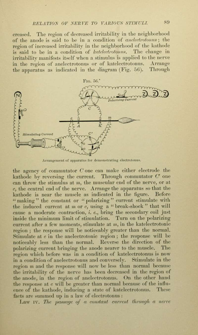 creased. The region of decreased irritability in the neighborhood of the anode is said to be in a condition of anelectrotonus; the region of increased irritability in the neighborhood of the kathode is -aid to be in a condition of katelectrotonus. The change in irritability manifests itself when a stimulus is applied to the nerve in the region of anelectrotonus or of katelectrotonus. Arrange the apparatus as indicated in the diagram (Fig. 56). Through Fig. 56. Arrangement of apparatus for demonstrating electrotonus. the agency of commutator Cone can make either electrode the kathode by reversing the current. Through commutator C one can throw the stimulus at m, the muscular end of the nerve, or at e, the central end of the nerve. Arrange the apparatus so that the kathode is near the muscle as indicated in the figure. Before making the constant or polarizing current stimulate with the induced current at m or c, using a break-shock that will cause a moderate contraction, i. e., bring the secondary coil just inside tin.' minimum limit of stimulation. Turn on the polarizing current after a lew moments, stimulate at ///, in the katelectrotonic region ; the response will be noticeably greater than the normal. Stimulate at c in the anclectrotonic region ; the response will be Doticeably Less than the normal. Reverse the direction of the polarizing cm-rent bringing the anode nearer to tlie muscle. The region which before was in a condition of katelectrotonus is now- iii a condition of anelectrotonus mid conversely. Stimulate iii the region m and the response will now lie Less than normal because th< irritability of the nerve ha- been decreased in the region of the anode, in the region of anelectrotonus. On the other hand the response :it <■ will !»<• greater than normal because of the inllii- ence of the kathode, inducing n state of katelectrotonus. These facte are summed up in :i law of electrotonus: !. iv. The passage of a constant current through a nerve