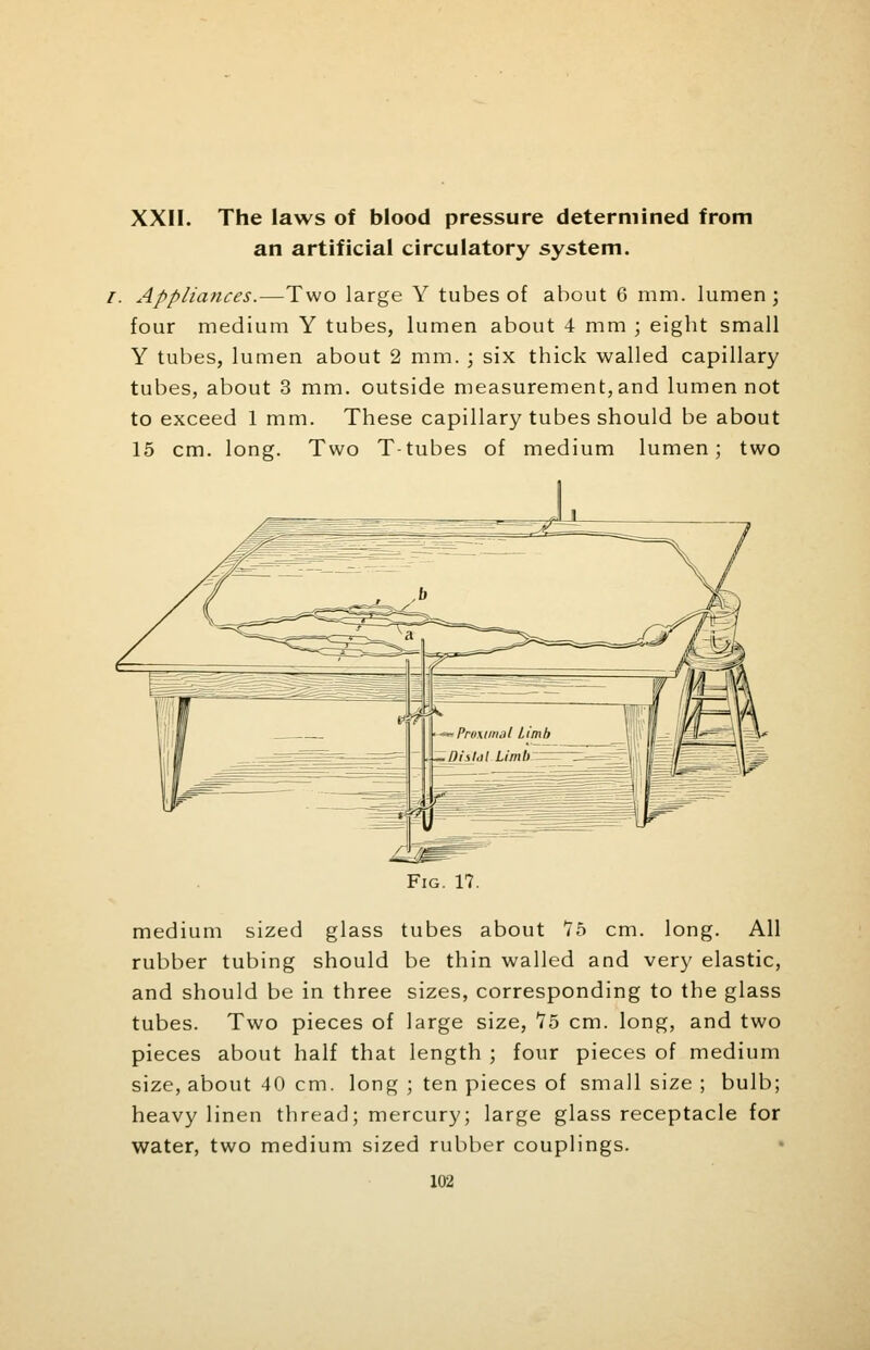 XXII. The laws of blood pressure determined from an artificial circulatory system. i. Appliances.—Two large Y tubes of about 6 mm. lumen; four medium Y tubes, lumen about 4 mm ; eight small Y tubes, lumen about 2 mm. ; six thick walled capillary tubes, about 3 mm. outside measurement, and lumen not to exceed 1 mm. These capillary tubes should be about 15 cm. long. Two T-tubes of medium lumen; two Fig. 17. medium sized glass tubes about lb cm. long. All rubber tubing should be thin walled and very elastic, and should be in three sizes, corresponding to the glass tubes. Two pieces of large size, 15 cm. long, and two pieces about half that length ; four pieces of medium size, about 40 cm. long ; ten pieces of small size ; bulb; heavy linen thread; mercury; large glass receptacle for water, two medium sized rubber couplings.