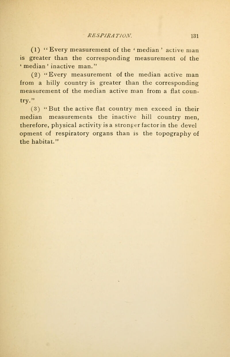 (1)  Every measurement of the • median ' active man is greater than the corresponding measurement of the ' median ' inactive man. (2) Every measurement of the median active man from a hilly country is greater than the corresponding measurement of the median active man from a flat coun- try. (3) But the active flat country men exceed in their median measurements the inactive hill country men, therefore, physical activity isa stronger factor in the devel opment of respiratory organs than is the topography of the habitat.